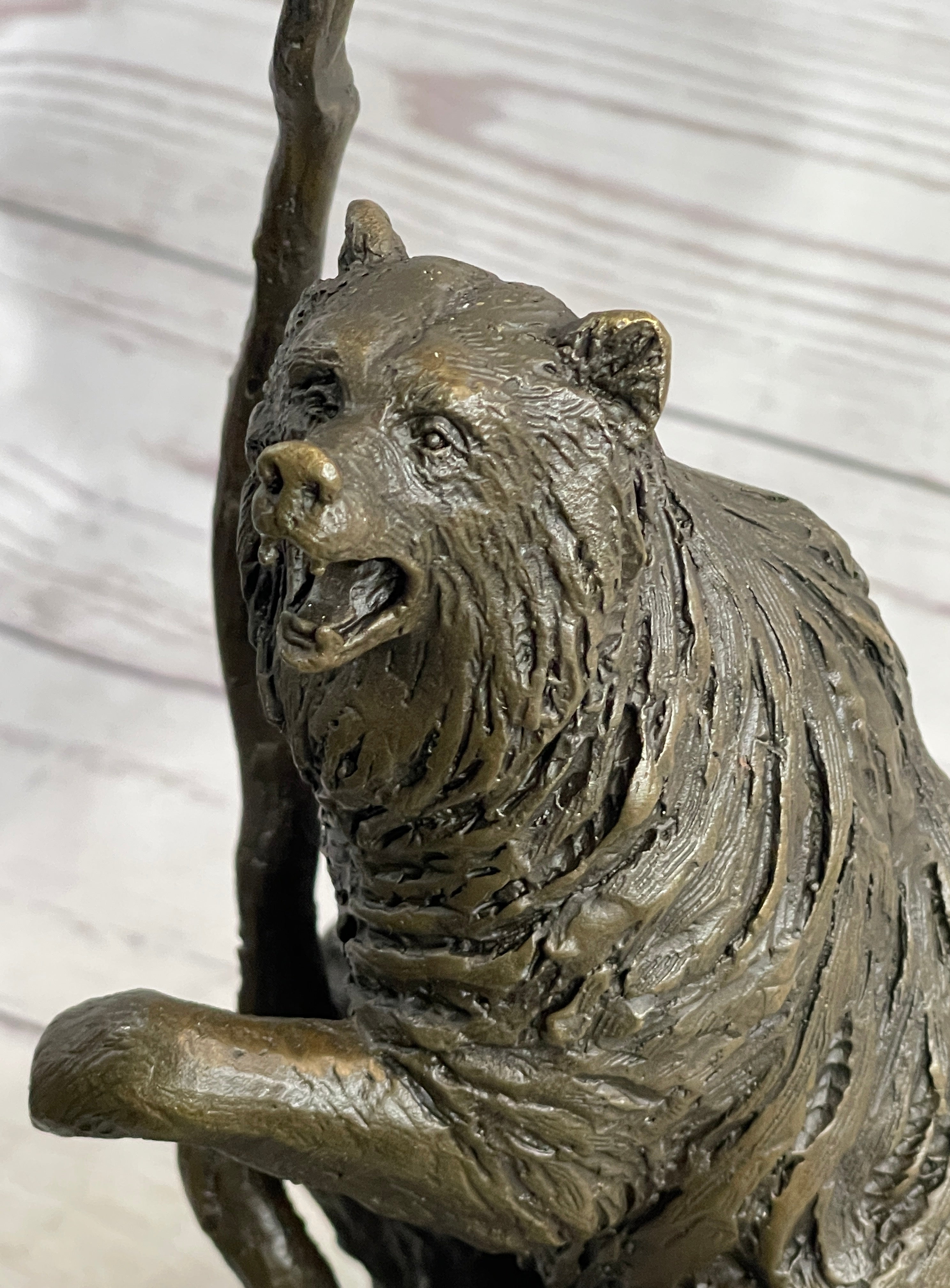Bear Standing on Boulder Bronze Metal Statue Sculpture Figure on Marble Base