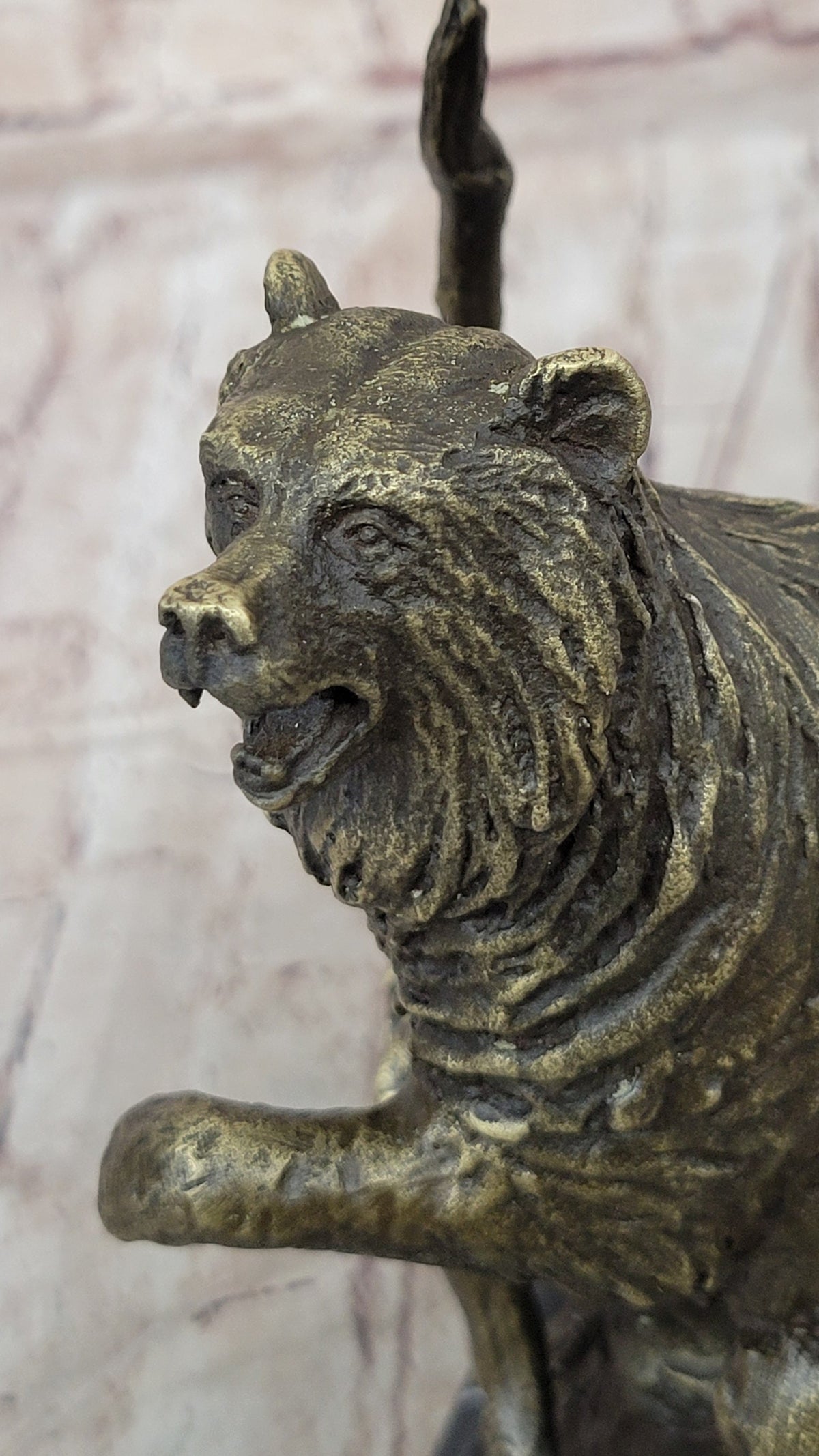 Bear Standing on Boulder Bronze Metal Statue Sculpture Figure on Marble Base