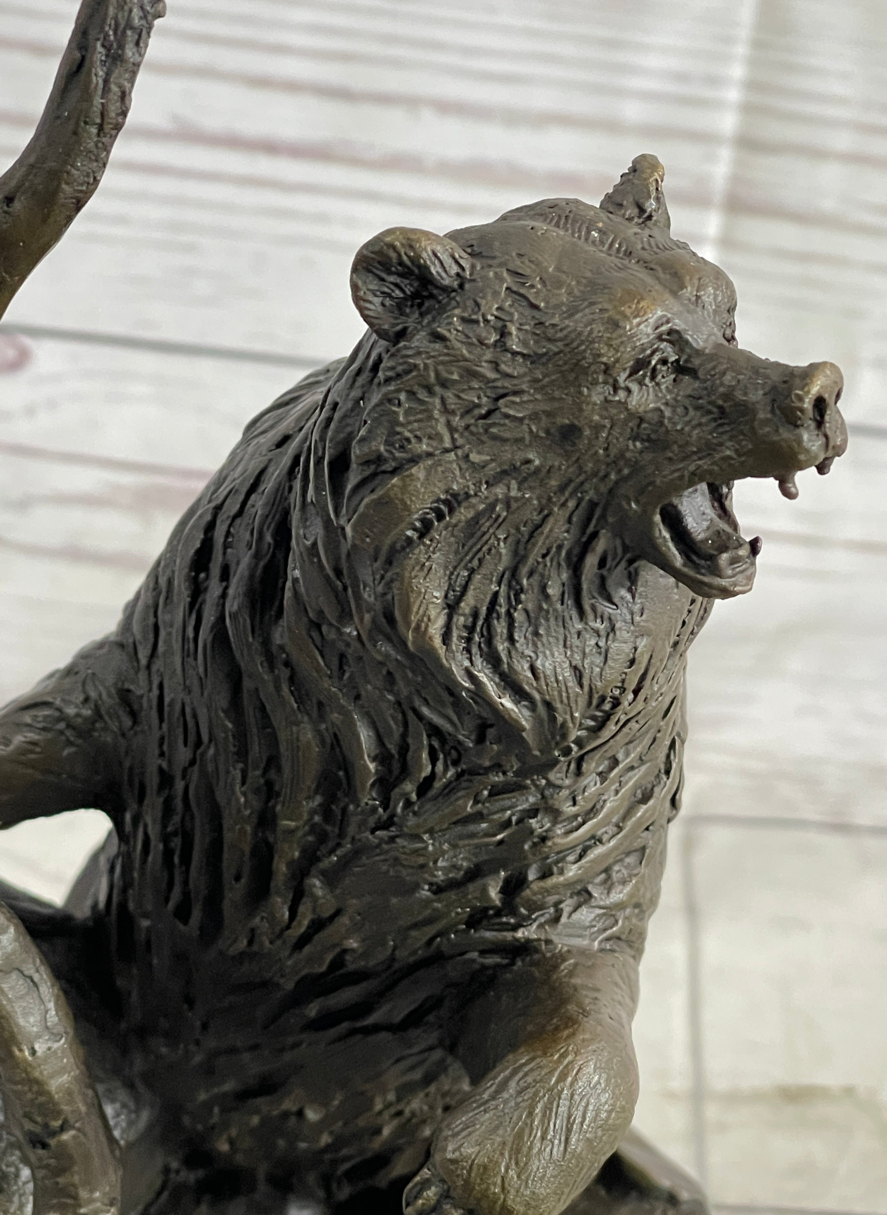 Bear Standing on Boulder Bronze Metal Statue Sculpture Figure on Marble Base