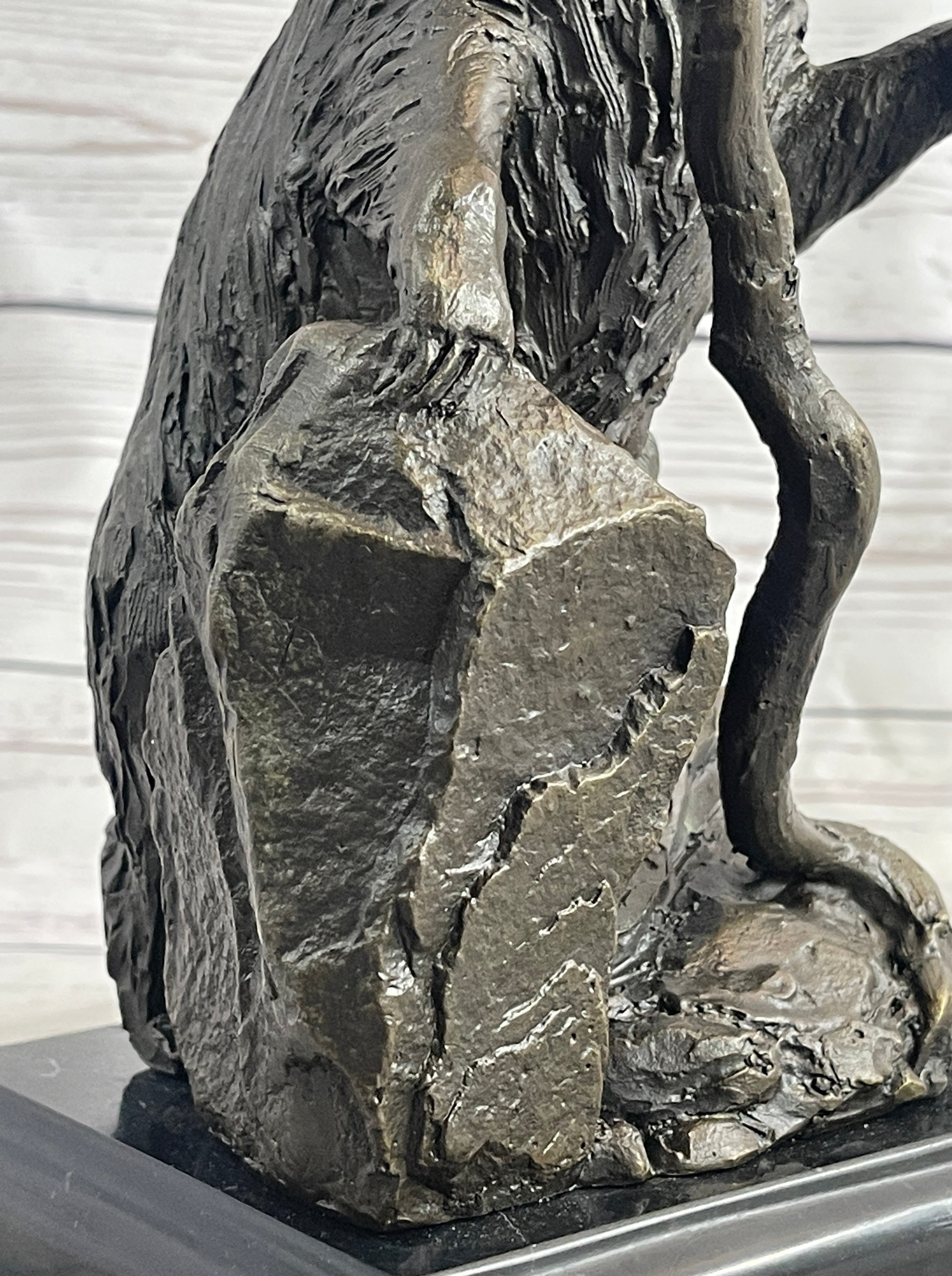 Bear Standing on Boulder Bronze Metal Statue Sculpture Figure on Marble Base