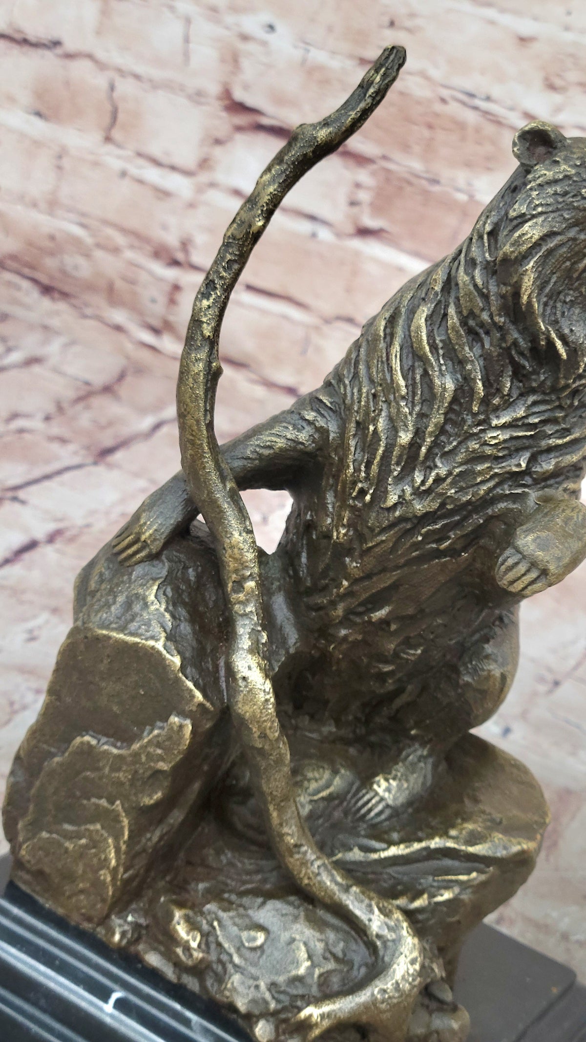 Bear Standing on Boulder Bronze Metal Statue Sculpture Figure on Marble Base