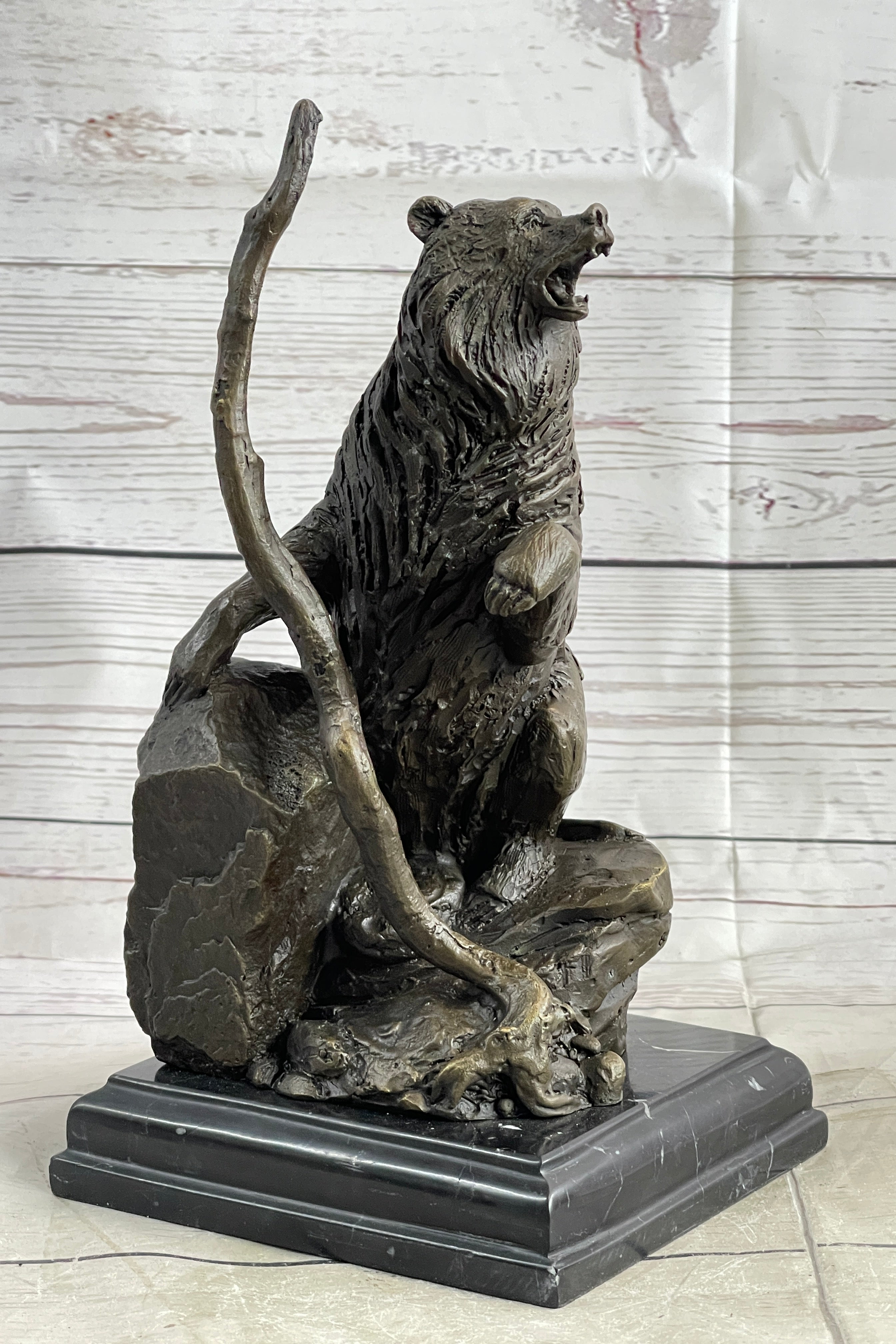 Bear Standing on Boulder Bronze Metal Statue Sculpture Figure on Marble Base