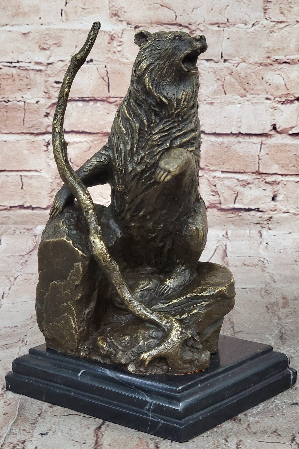 Bear Standing on Boulder Bronze Metal Statue Sculpture Figure on Marble Base