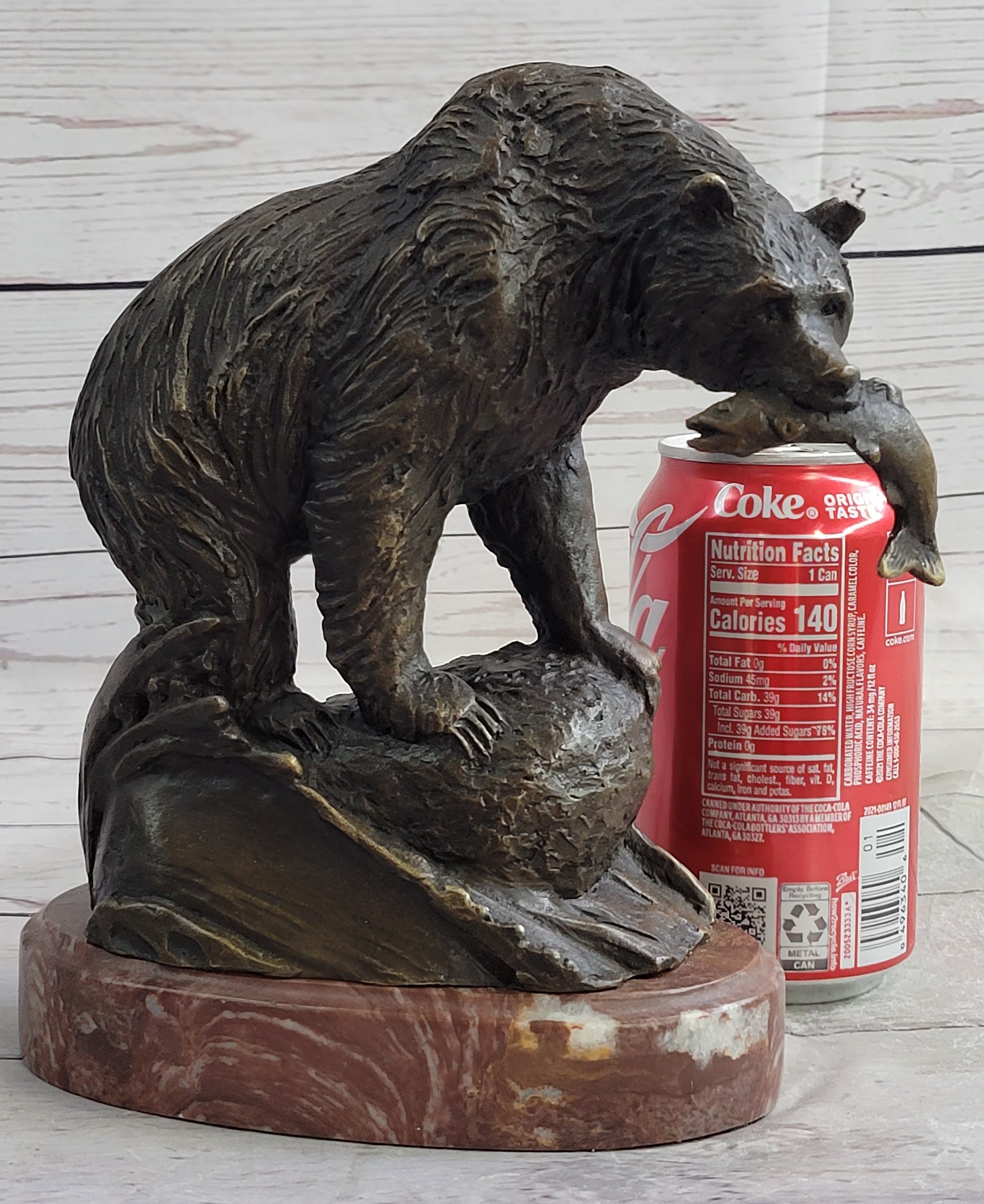 Bear with Fish in Mouth Bronze Metal Sculpture Statue Wildlife Decor Art Marble Base
