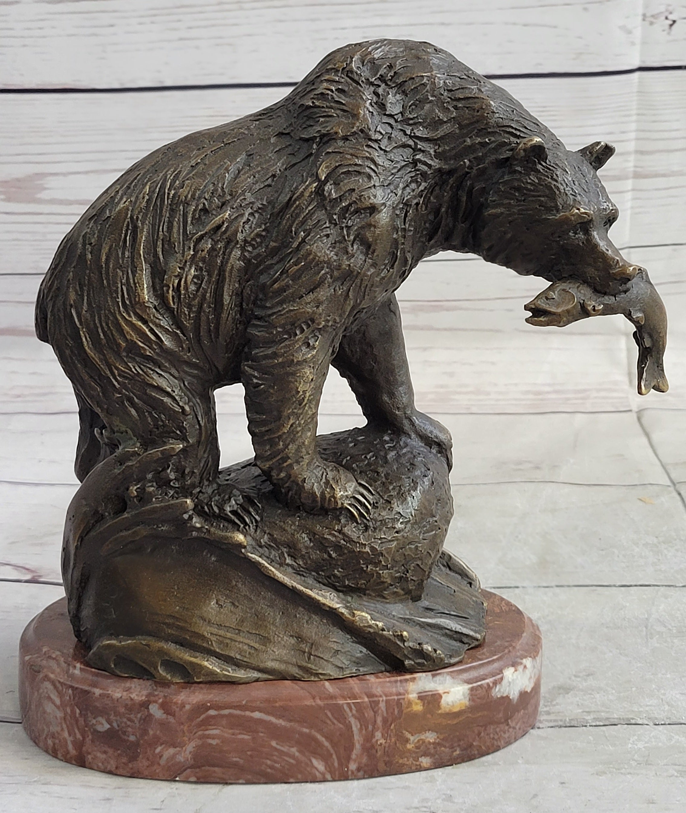 Bear with Fish in Mouth Bronze Metal Sculpture Statue Wildlife Decor Art Marble Base