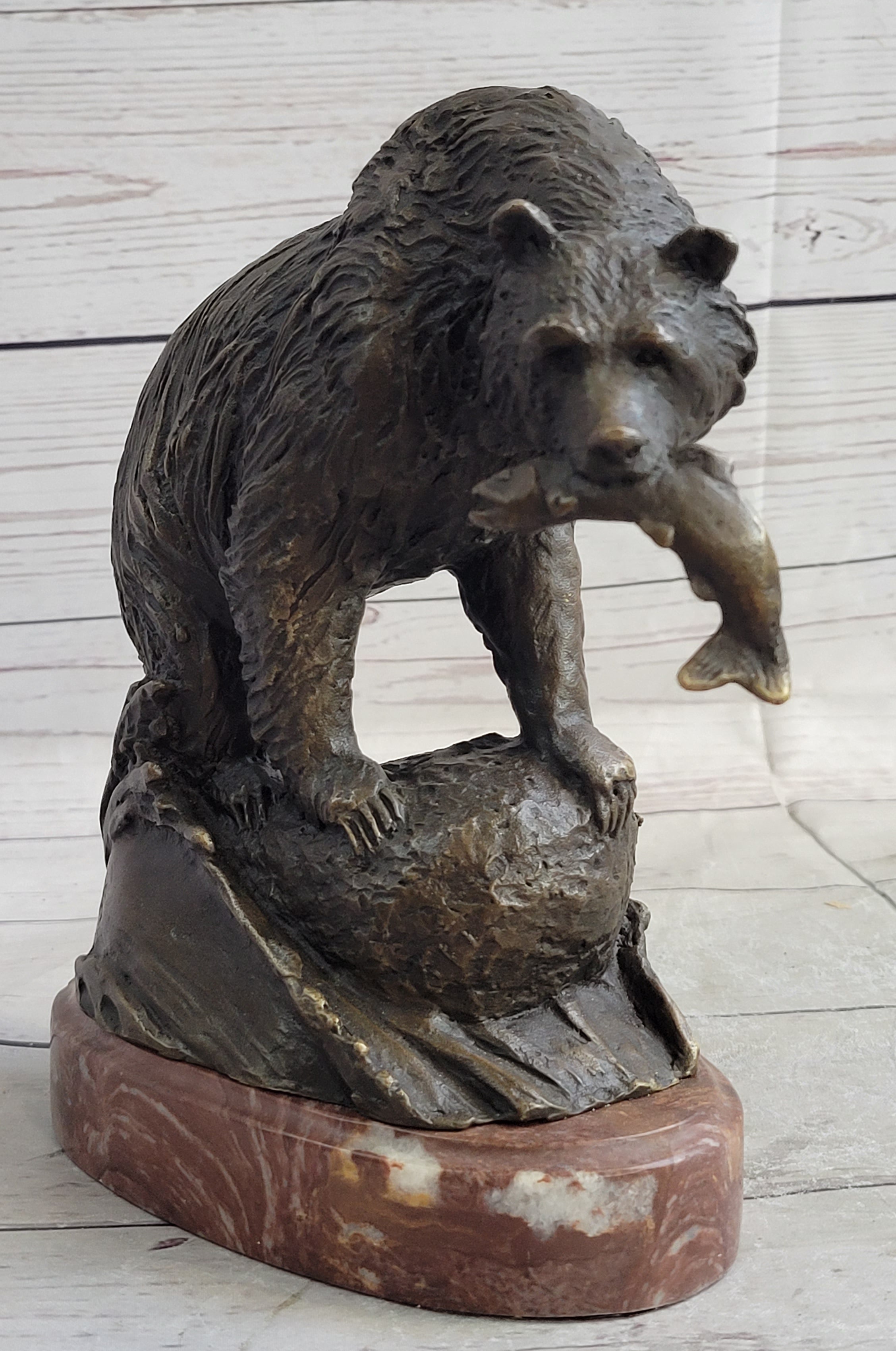 Bear with Fish in Mouth Bronze Metal Sculpture Statue Wildlife Decor Art Marble Base