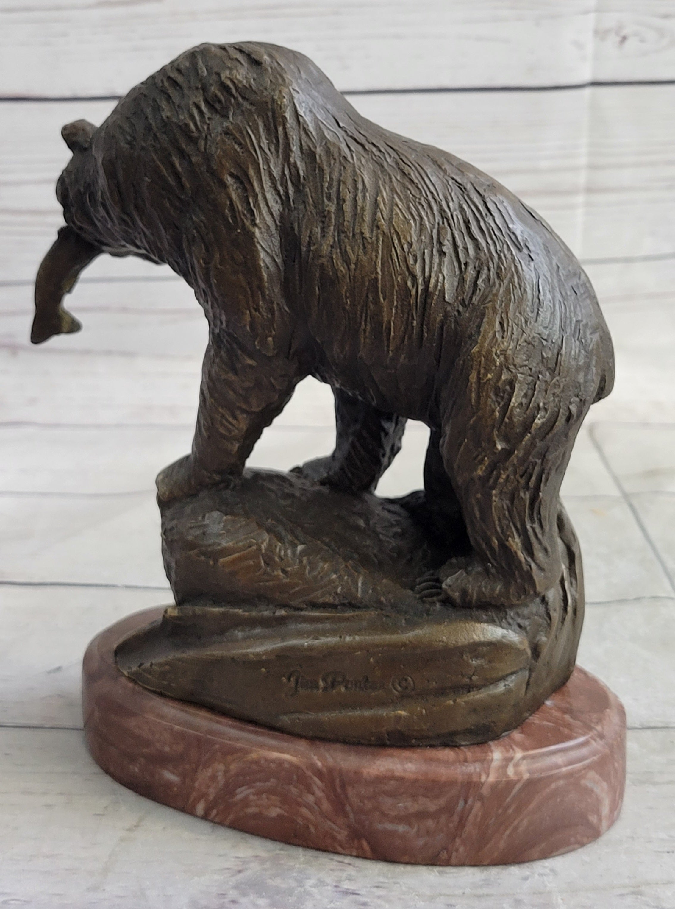 Bear with Fish in Mouth Bronze Metal Sculpture Statue Wildlife Decor Art Marble Base