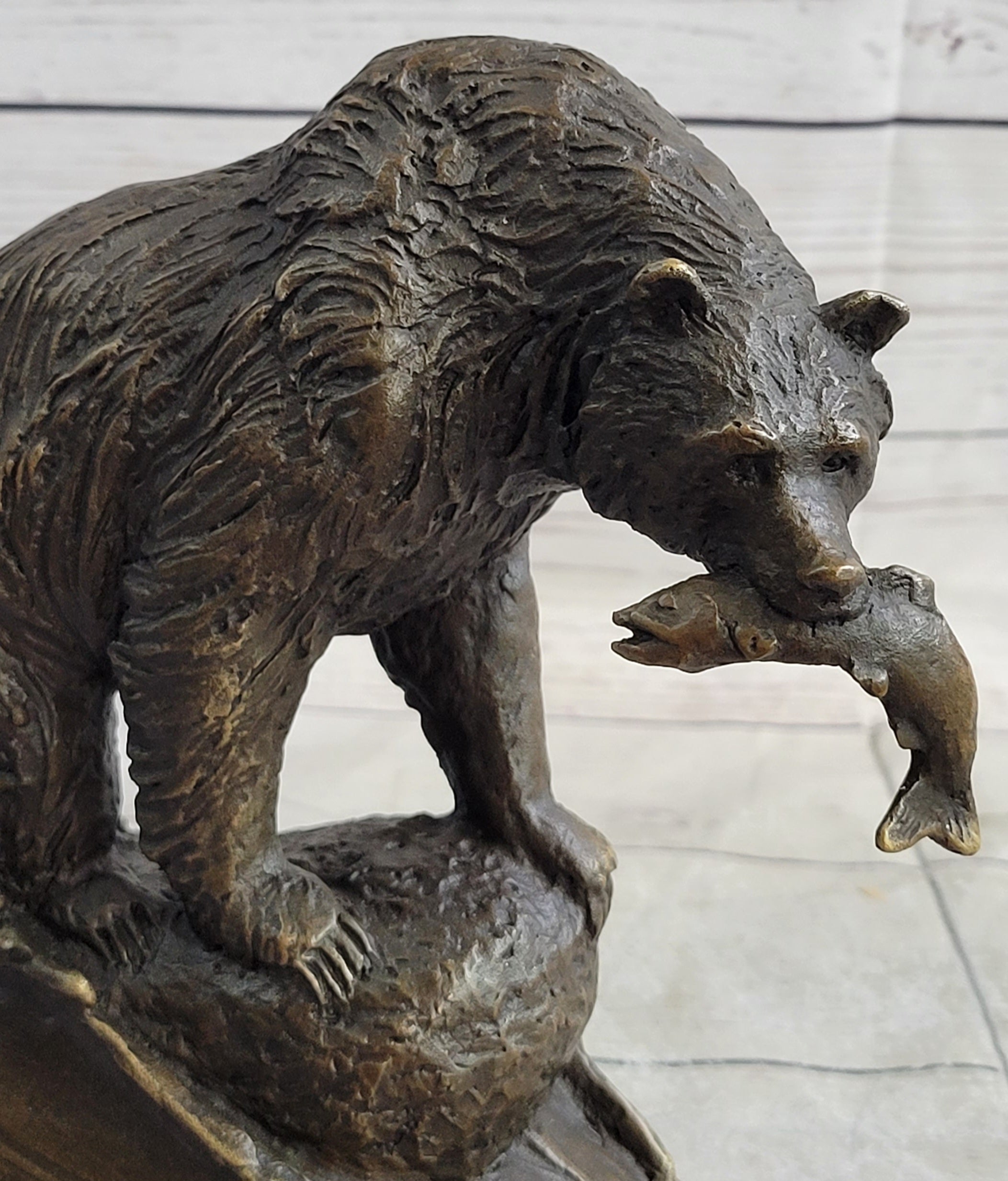 Bear with Fish in Mouth Bronze Metal Sculpture Statue Wildlife Decor Art Marble Base