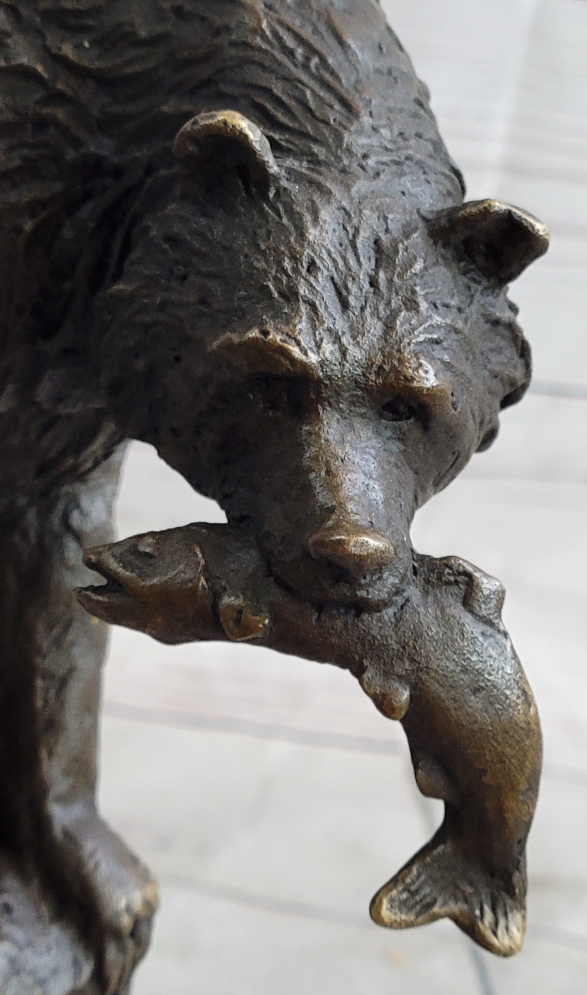Bear with Fish in Mouth Bronze Metal Sculpture Statue Wildlife Decor Art Marble Base
