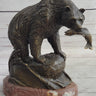 Bear with Fish in Mouth Bronze Metal Sculpture Statue Wildlife Decor Art Marble Base