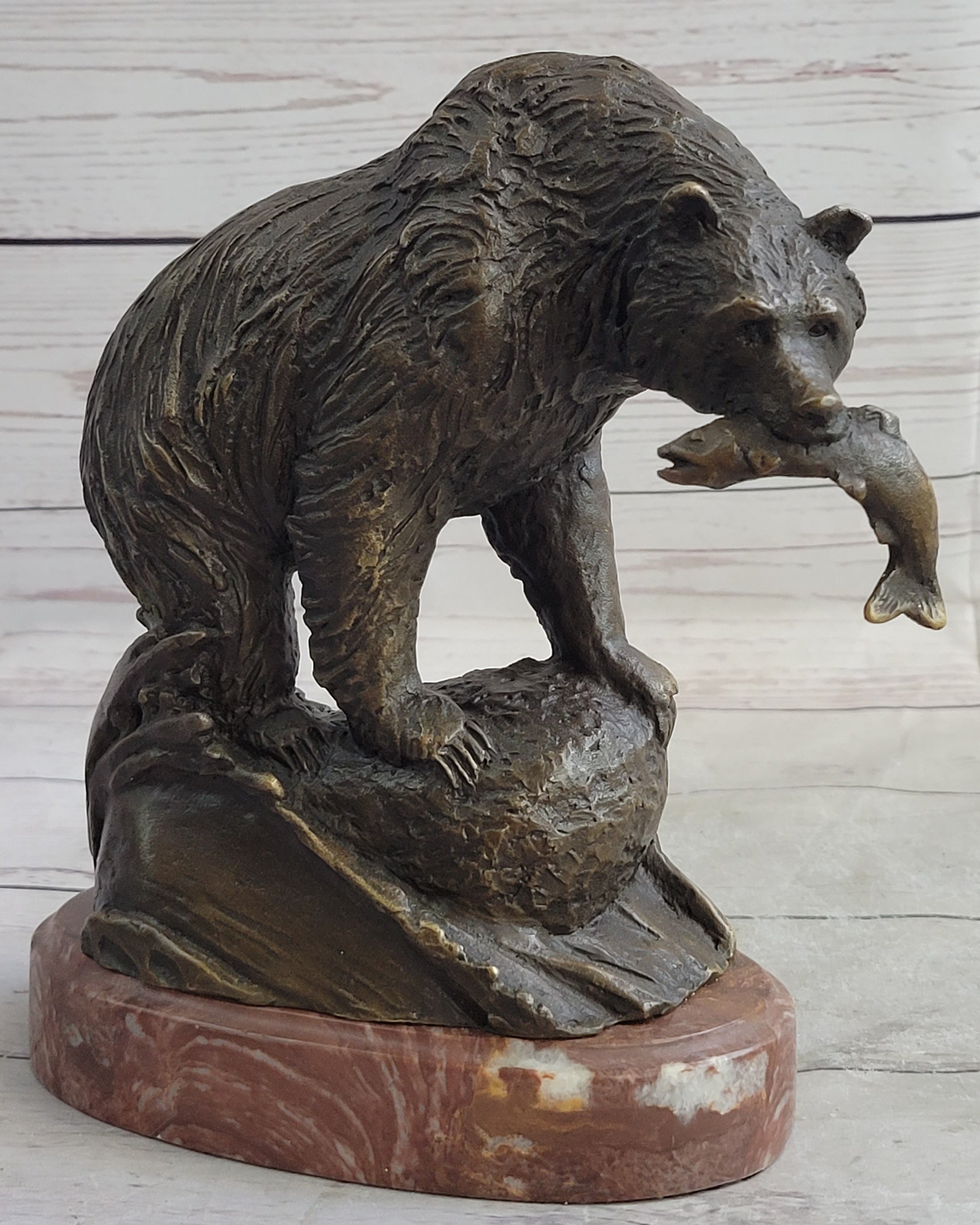 Bear with Fish in Mouth Bronze Metal Sculpture Statue Wildlife Decor Art Marble Base
