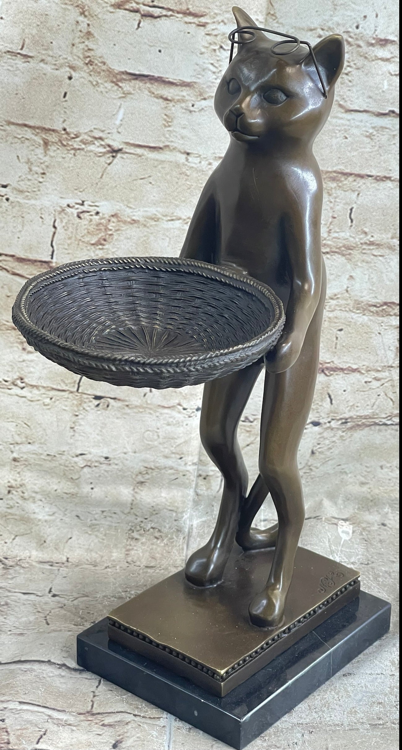 Standing Cat Business Card Holder Key Dish Bronze Sculpture Statue Figure Marble Base