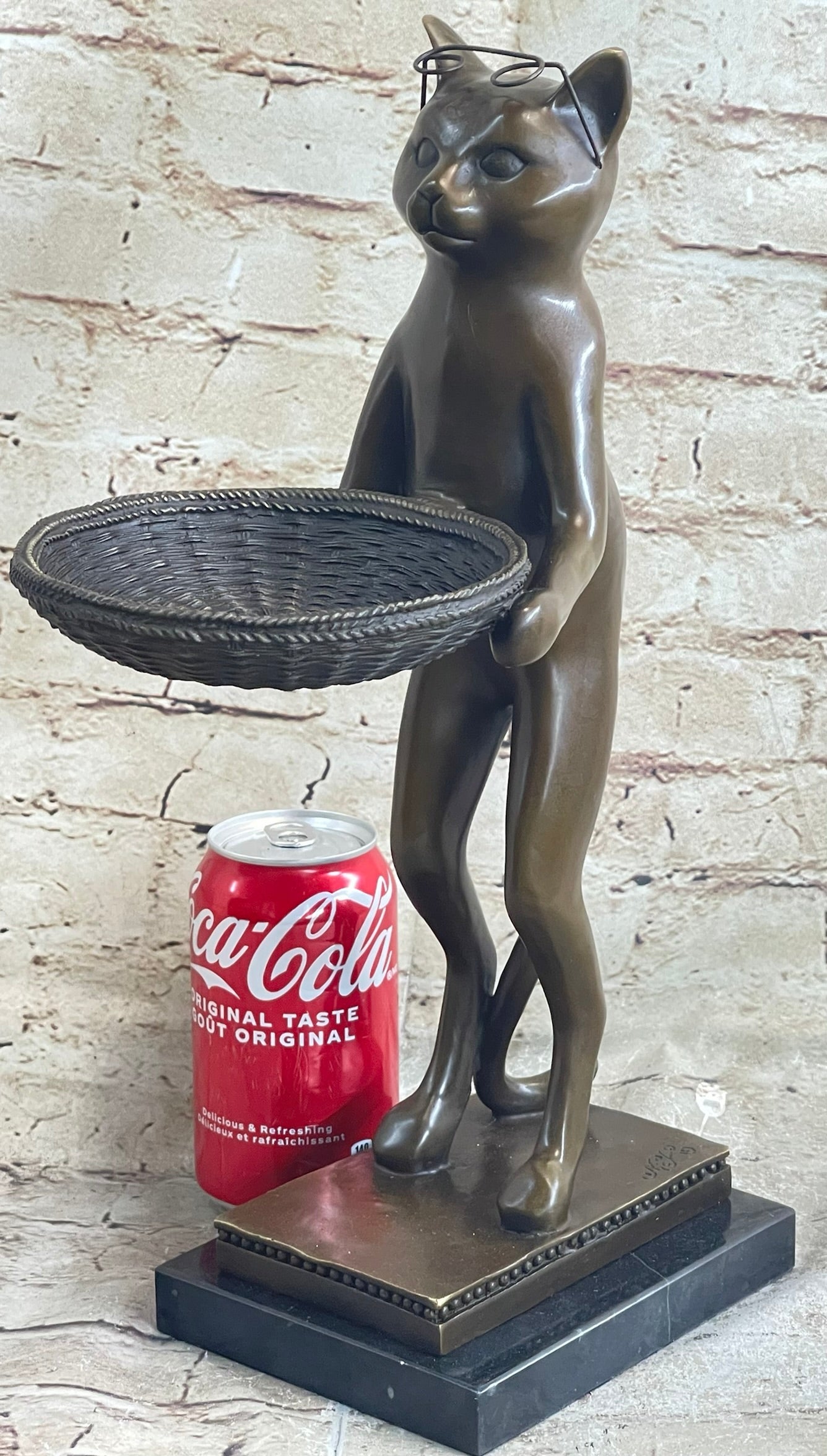 Standing Cat Business Card Holder Key Dish Bronze Sculpture Statue Figure Marble Base