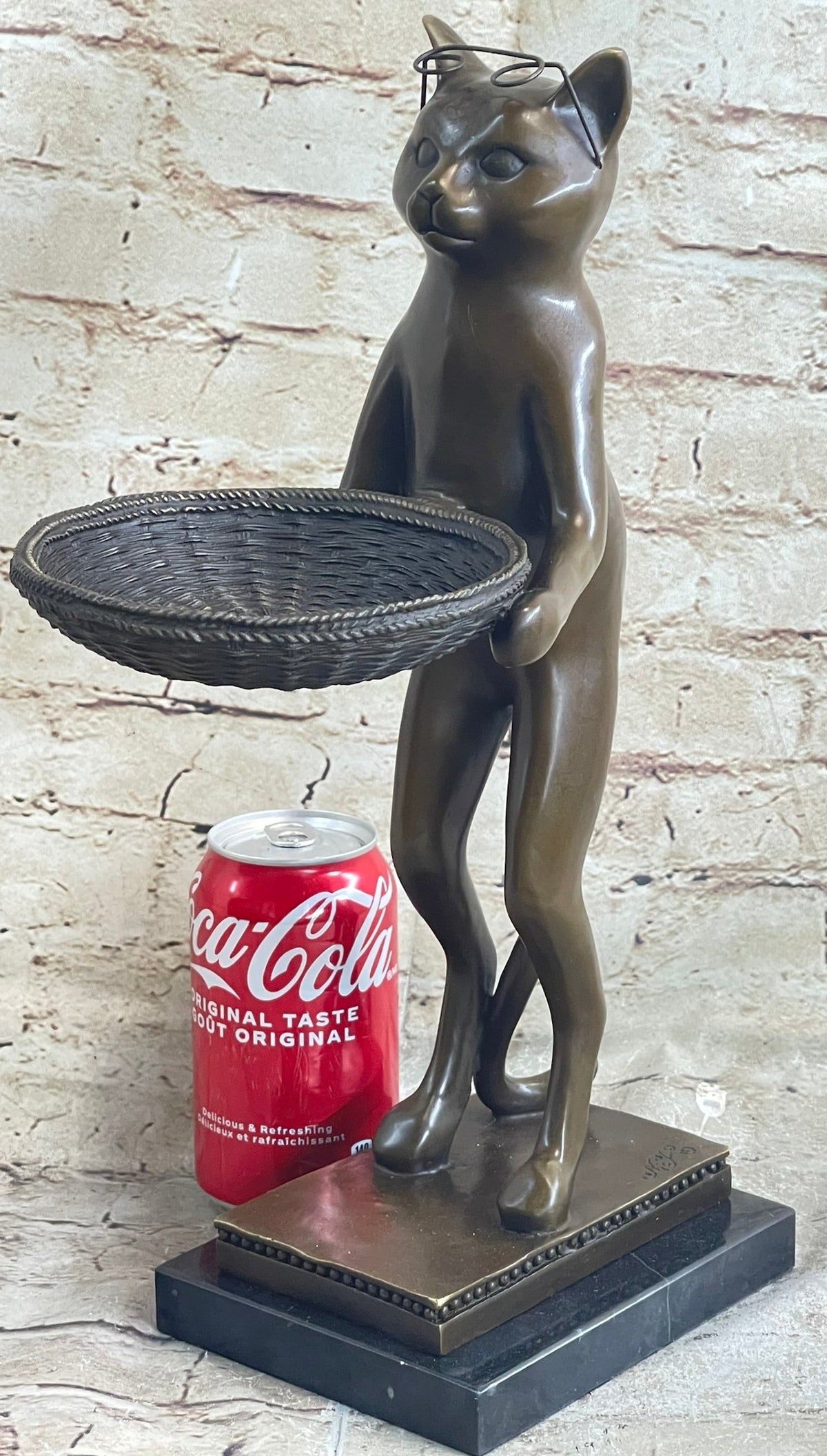Standing Cat Business Card Holder Key Dish Bronze Sculpture Statue Figure Marble Base