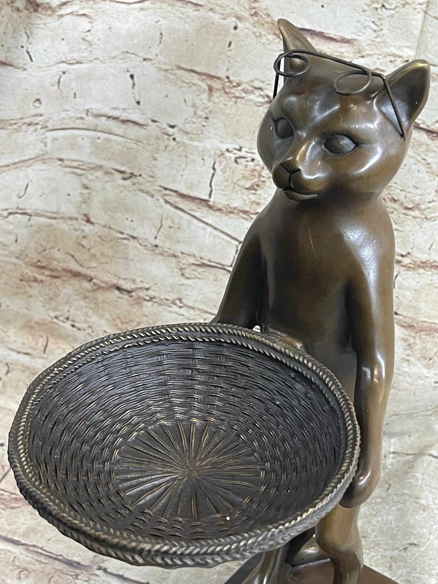 Standing Cat Business Card Holder Key Dish Bronze Sculpture Statue Figure Marble Base