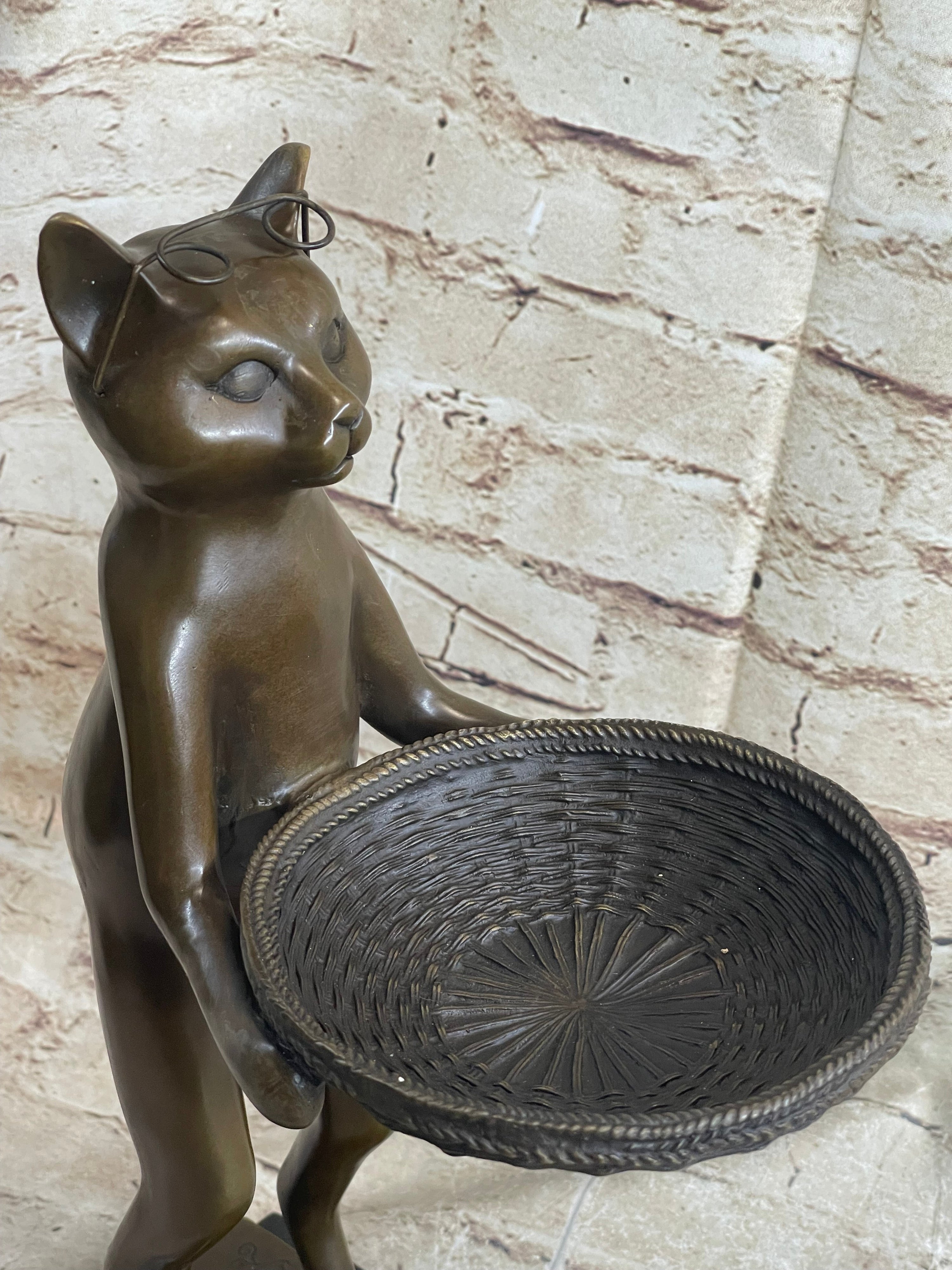 Standing Cat Business Card Holder Key Dish Bronze Sculpture Statue Figure Marble Base