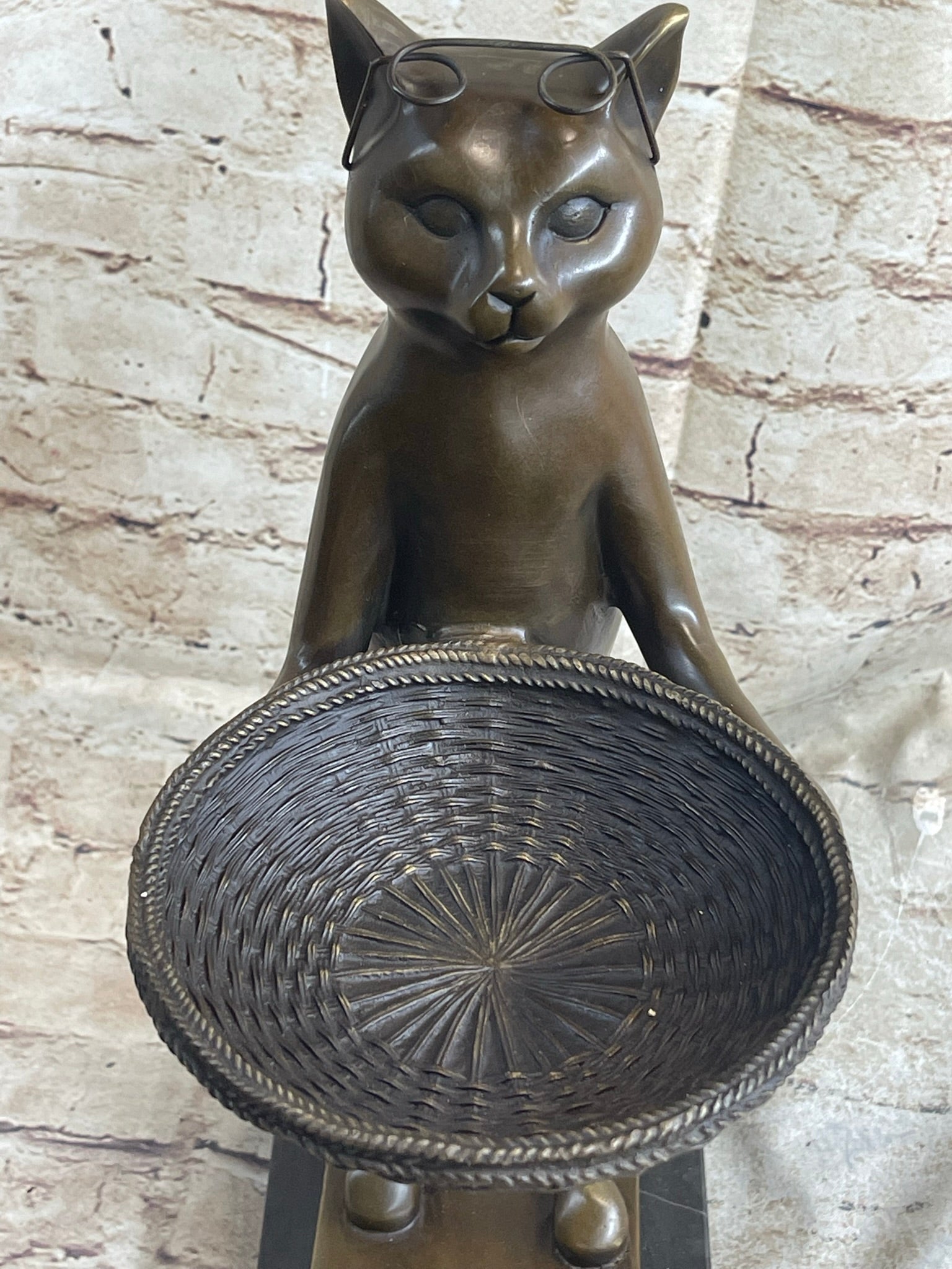 Standing Cat Business Card Holder Key Dish Bronze Sculpture Statue Figure Marble Base