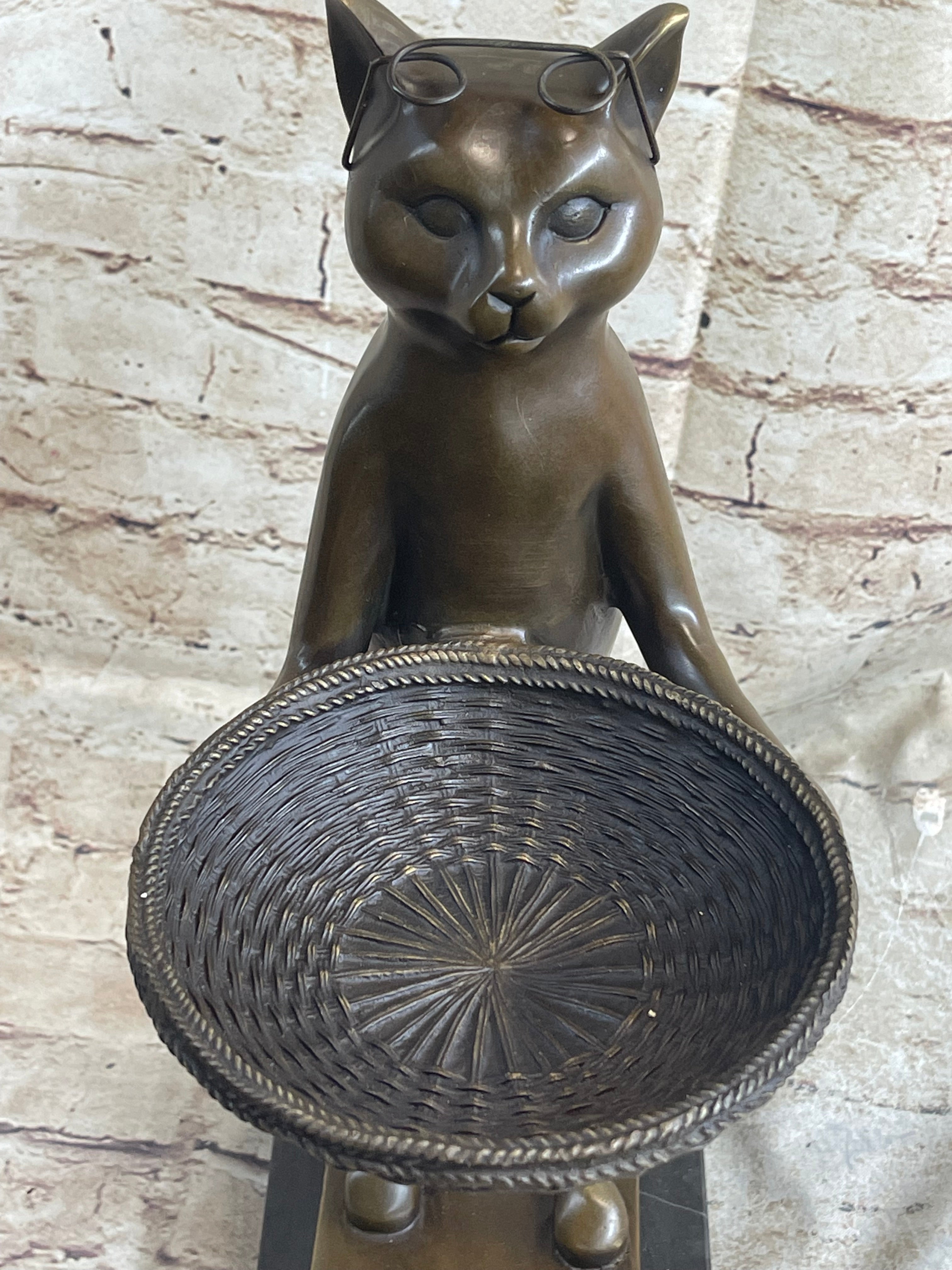 Standing Cat Business Card Holder Key Dish Bronze Sculpture Statue Figure Marble Base