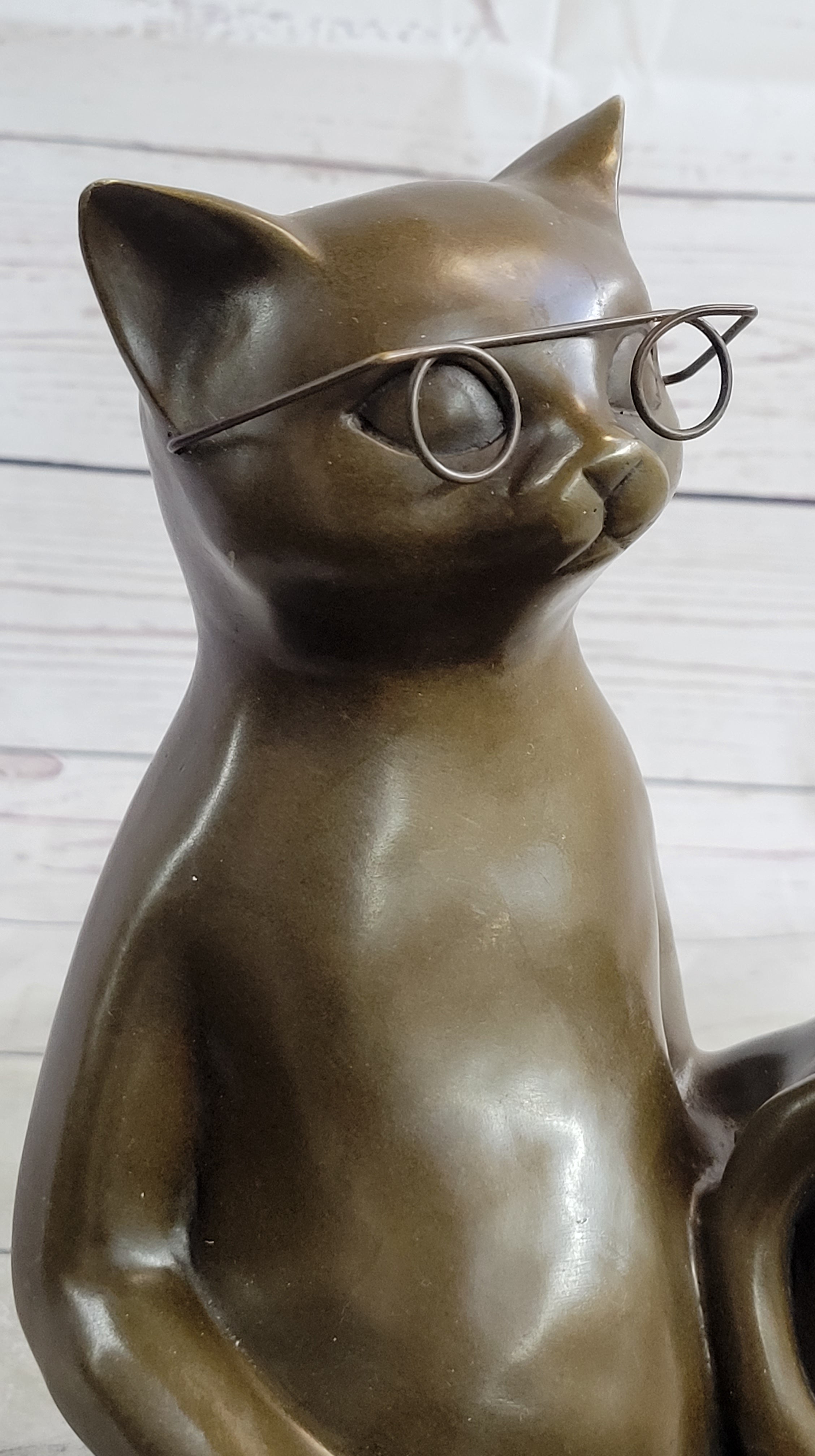 Cat in Eyeglasses Reading a Book Bronze Metal Figurine Sculpture Signed Art