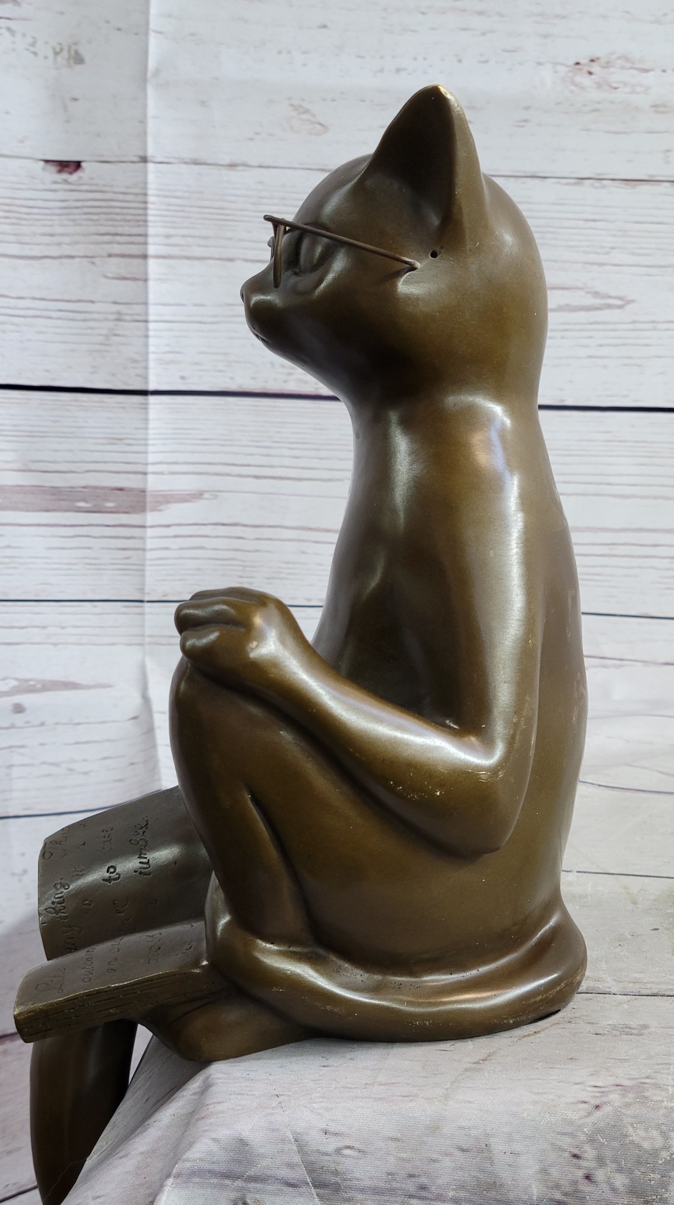 Cat in Eyeglasses Reading a Book Bronze Metal Figurine Sculpture Signed Art