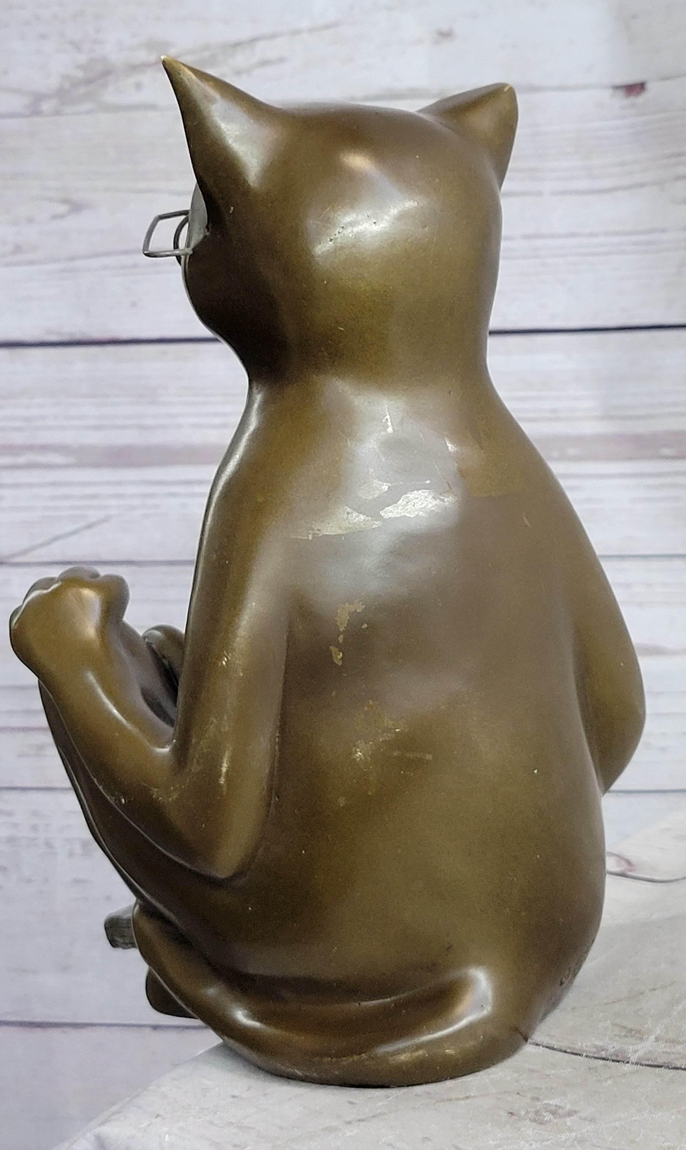 Cat in Eyeglasses Reading a Book Bronze Metal Figurine Sculpture Signed Art
