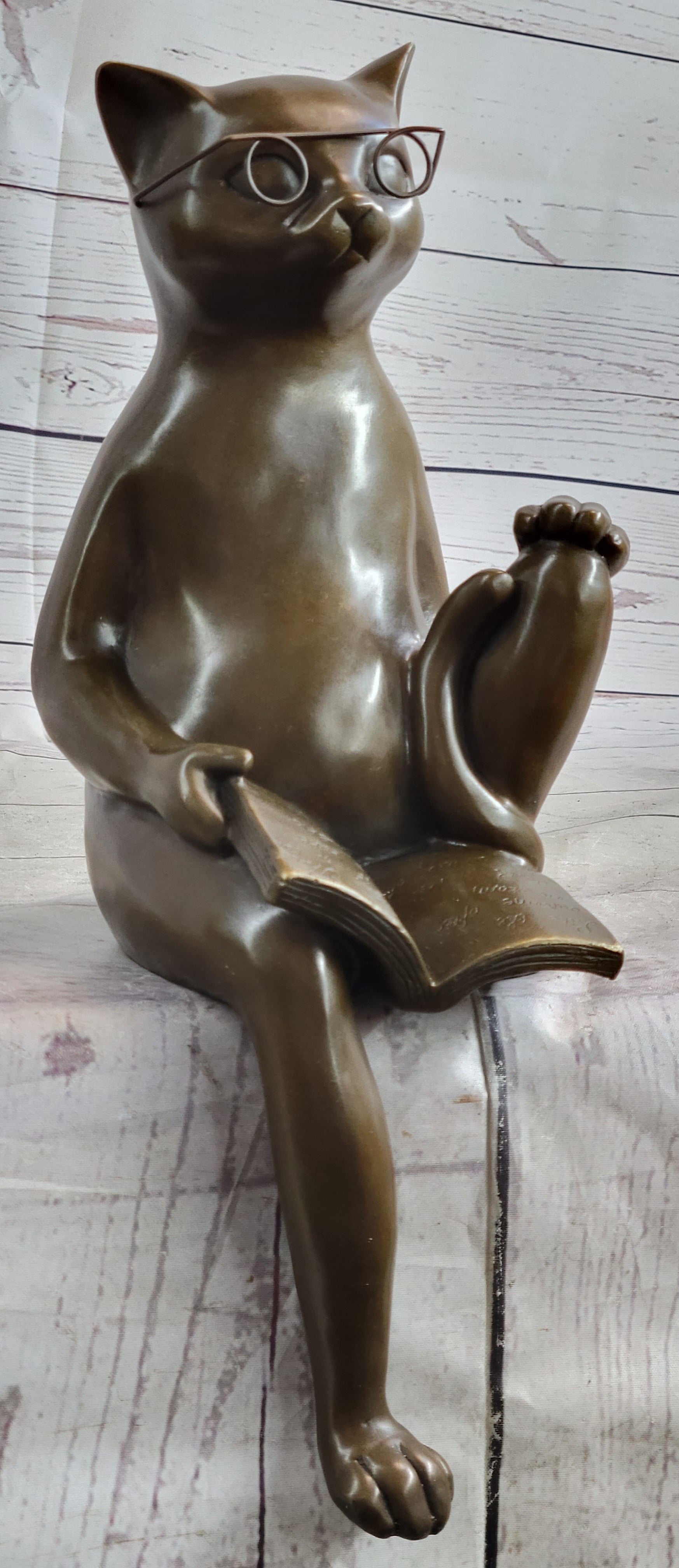 Cat in Eyeglasses Reading a Book Bronze Metal Figurine Sculpture Signed Art