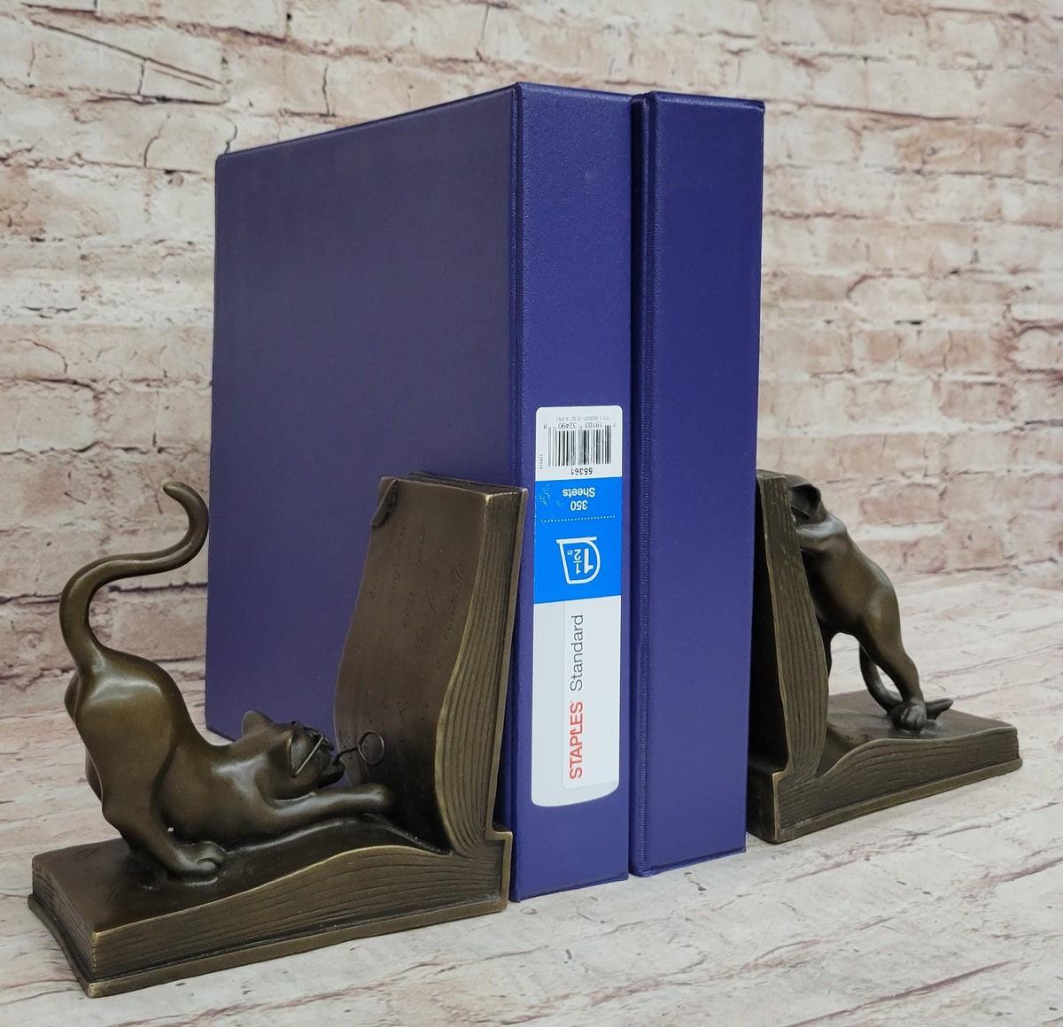 Playful Bronze Cat Bookends; Whimsical Feline Library Dcor Signed Original Art