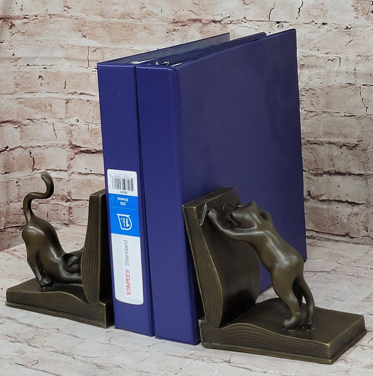 Playful Bronze Cat Bookends; Whimsical Feline Library Dcor Signed Original Art