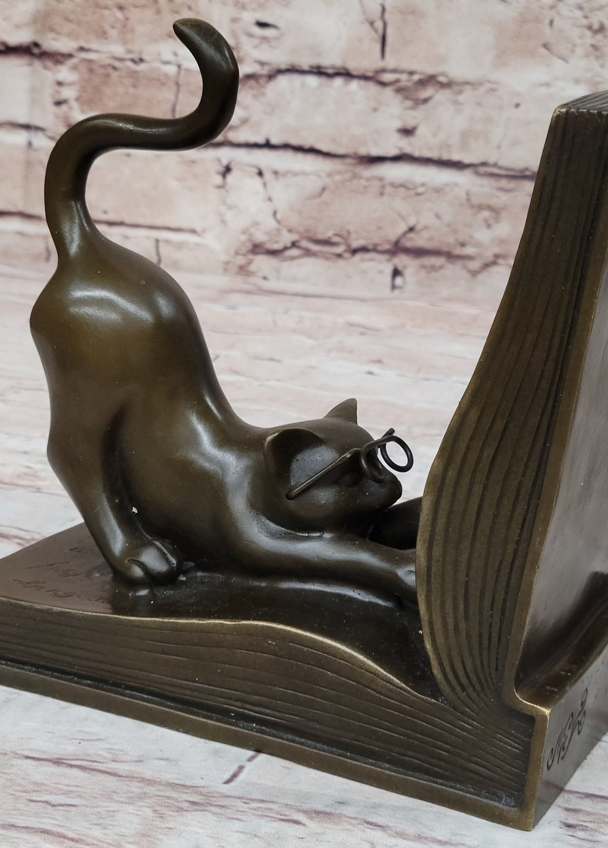 Playful Bronze Cat Bookends; Whimsical Feline Library Dcor Signed Original Art