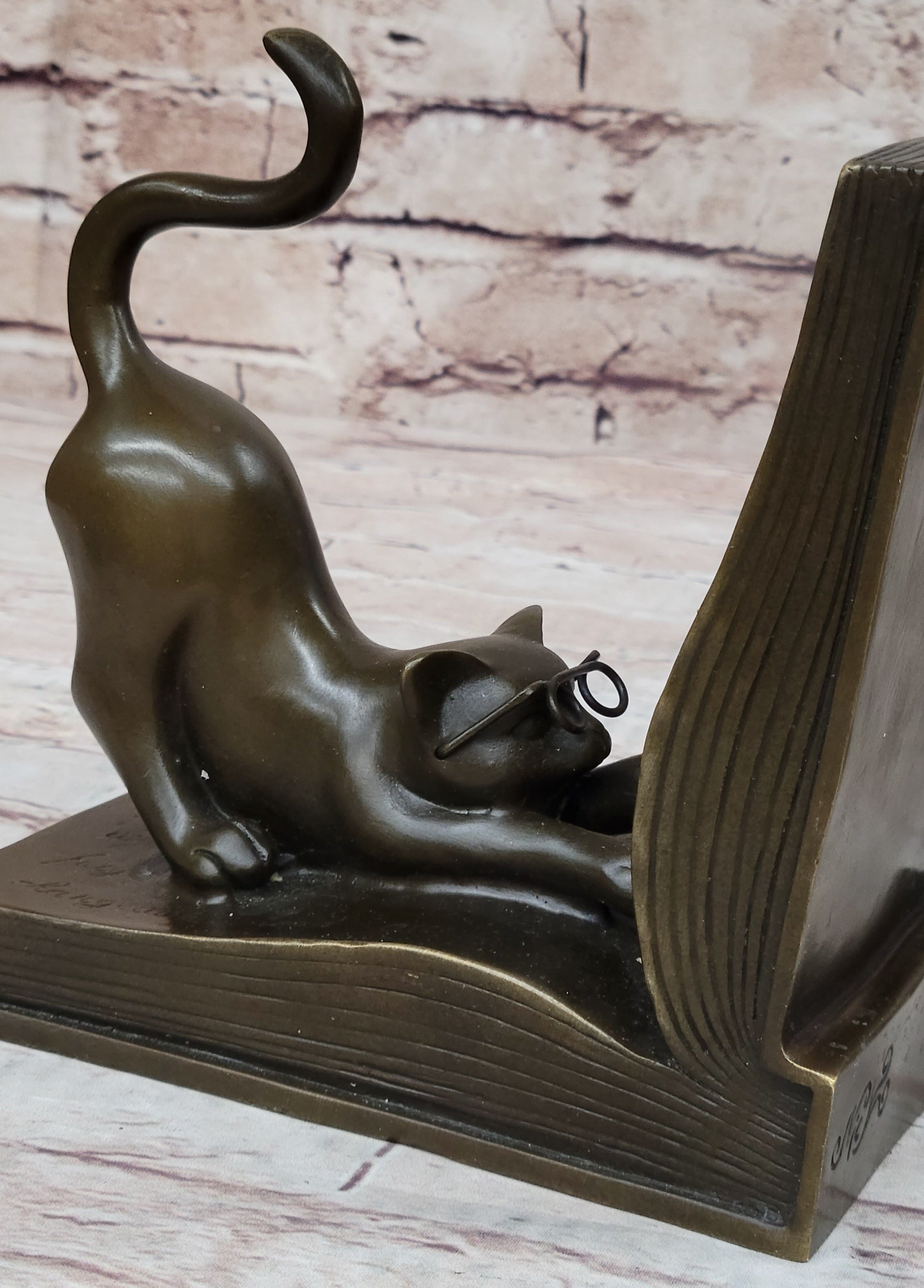 Playful Bronze Cat Bookends; Whimsical Feline Library Dcor Signed Original Art
