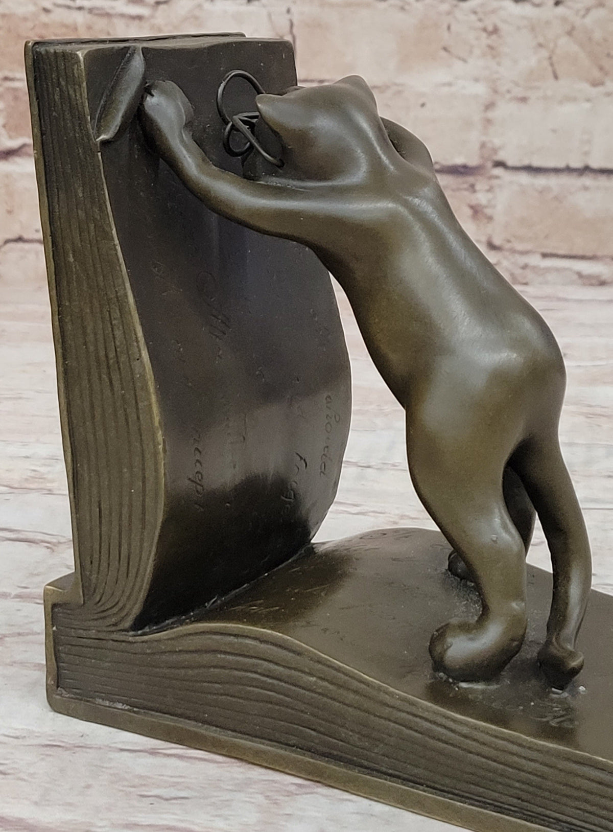Playful Bronze Cat Bookends; Whimsical Feline Library Dcor Signed Original Art