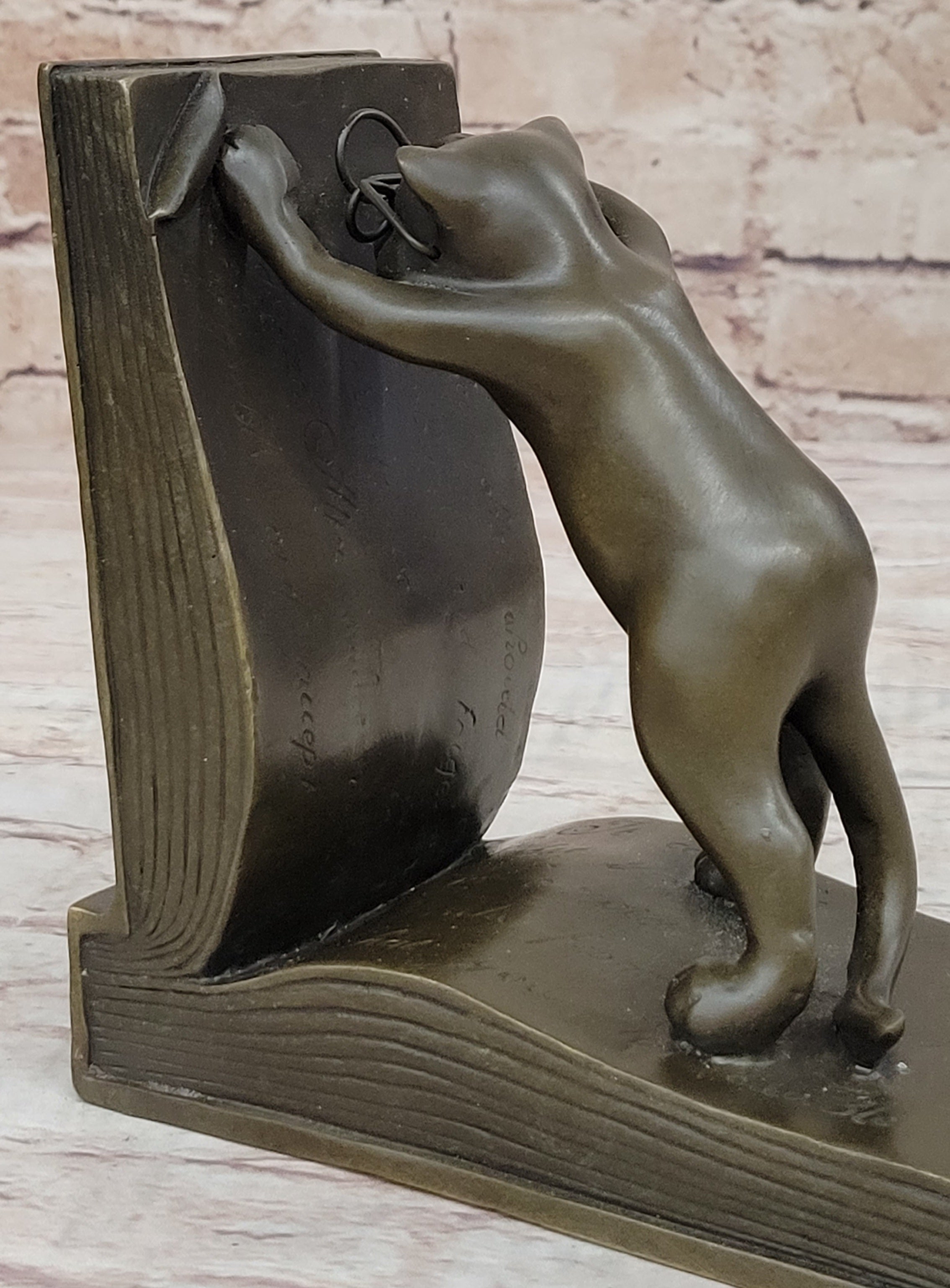 Playful Bronze Cat Bookends; Whimsical Feline Library Dcor Signed Original Art