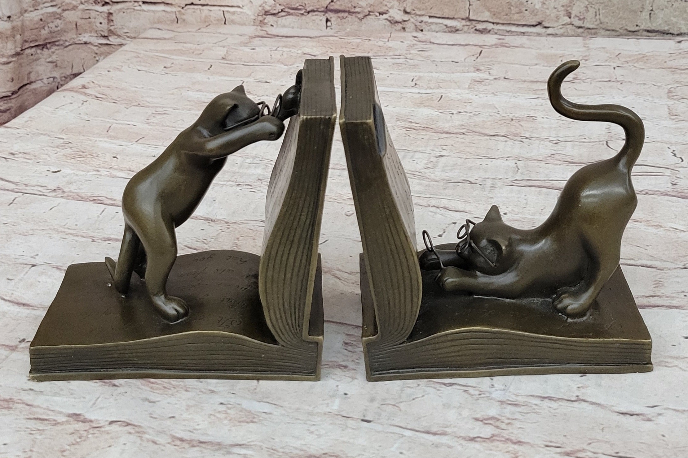 Playful Bronze Cat Bookends; Whimsical Feline Library Décor Signed Original Art