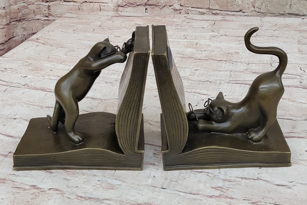 Playful Bronze Cat Bookends; Whimsical Feline Library Dcor Signed Original Art