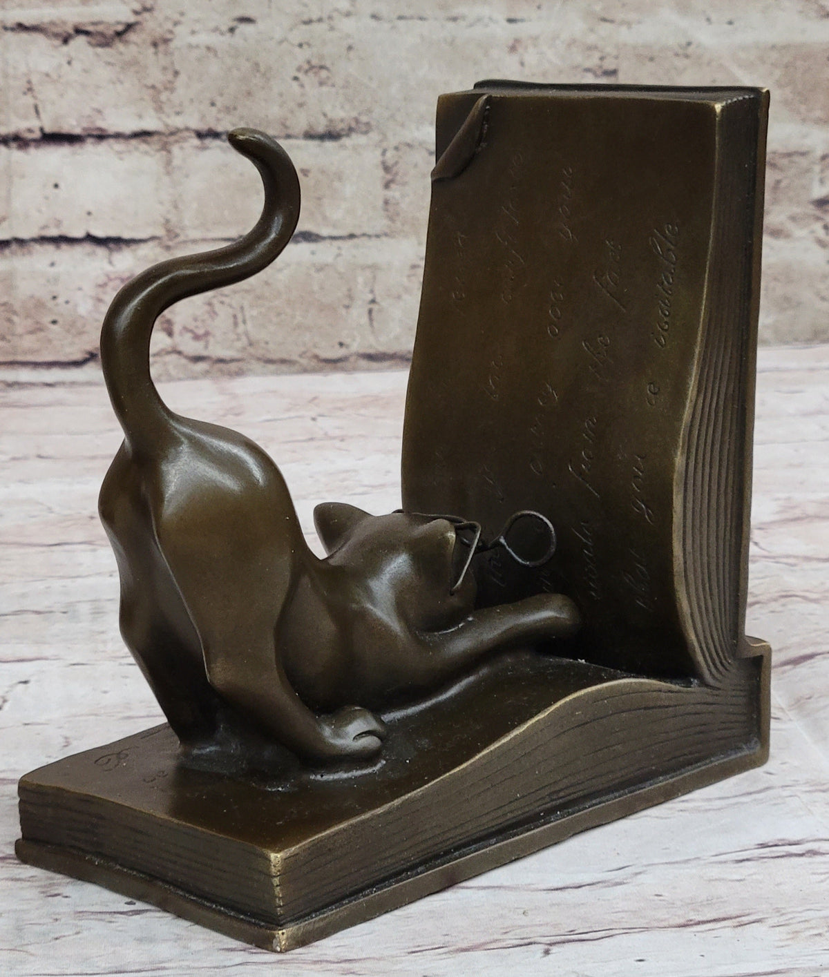 Playful Bronze Cat Bookends; Whimsical Feline Library Dcor Signed Original Art