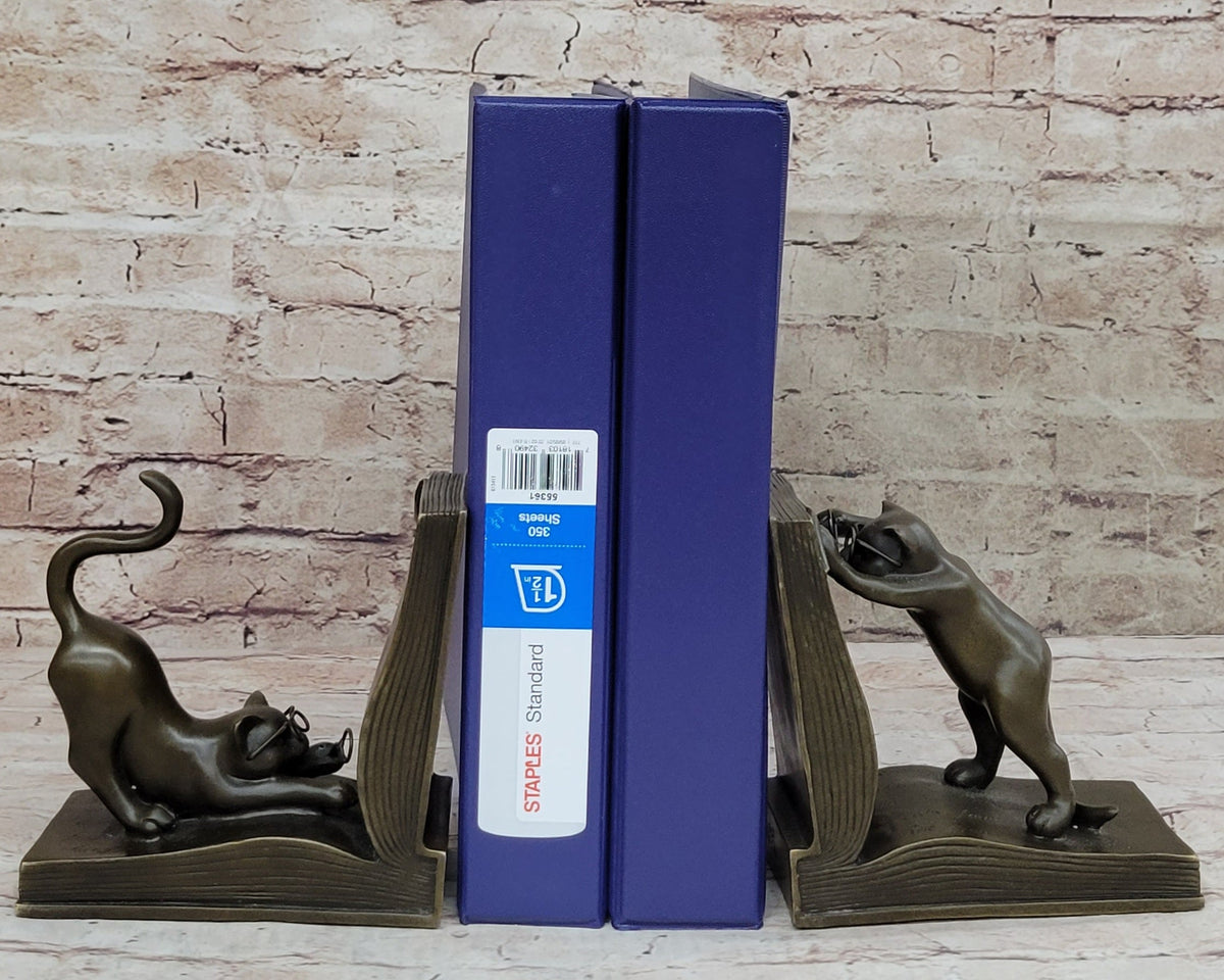 Playful Bronze Cat Bookends; Whimsical Feline Library Dcor Signed Original Art
