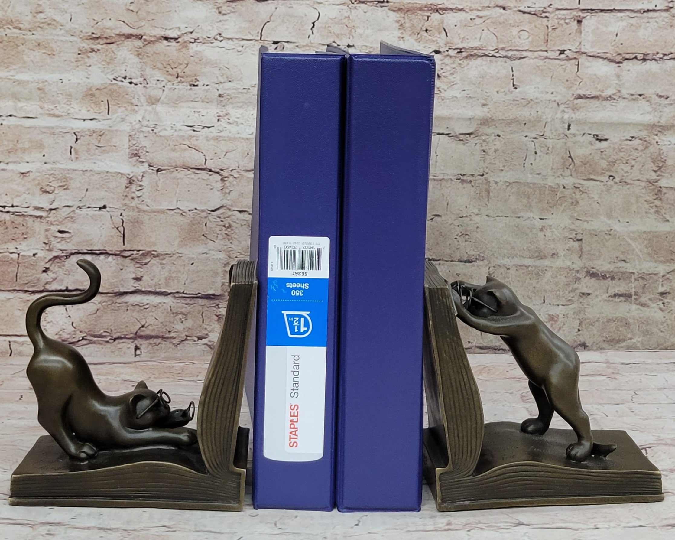 Playful Bronze Cat Bookends; Whimsical Feline Library Dcor Signed Original Art