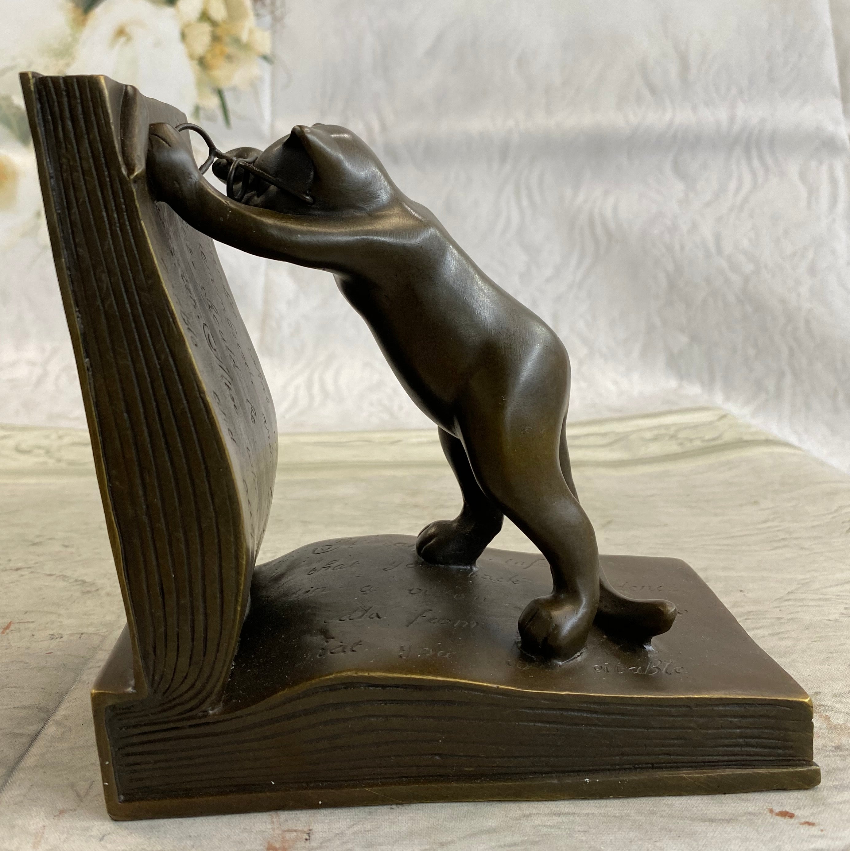 Bronze Metal Cat Kitten Bookends Signed Original Collectible 6" x 6"