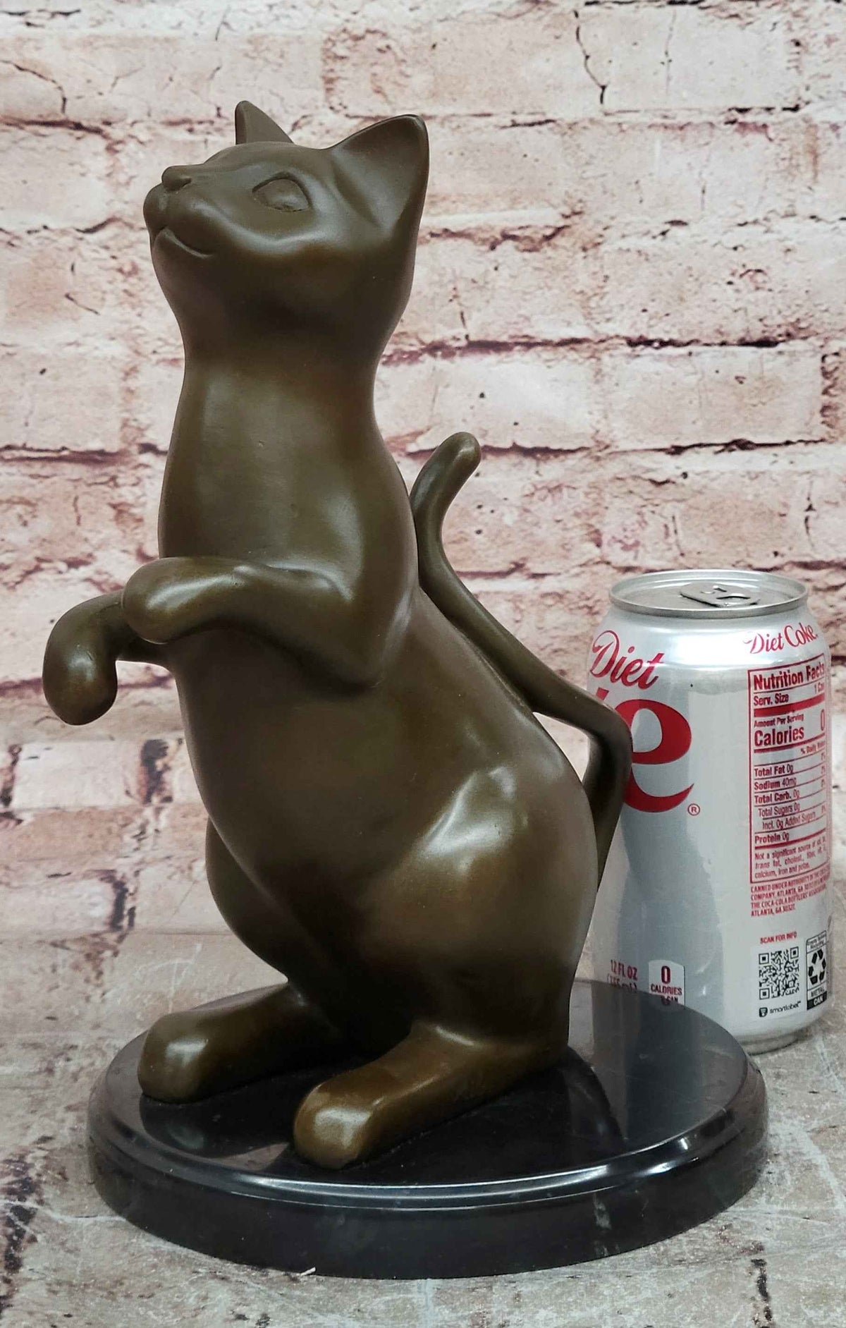 Modern Stylized Bronze Cat Sculpture Sitting Upright on Polished Marble Base