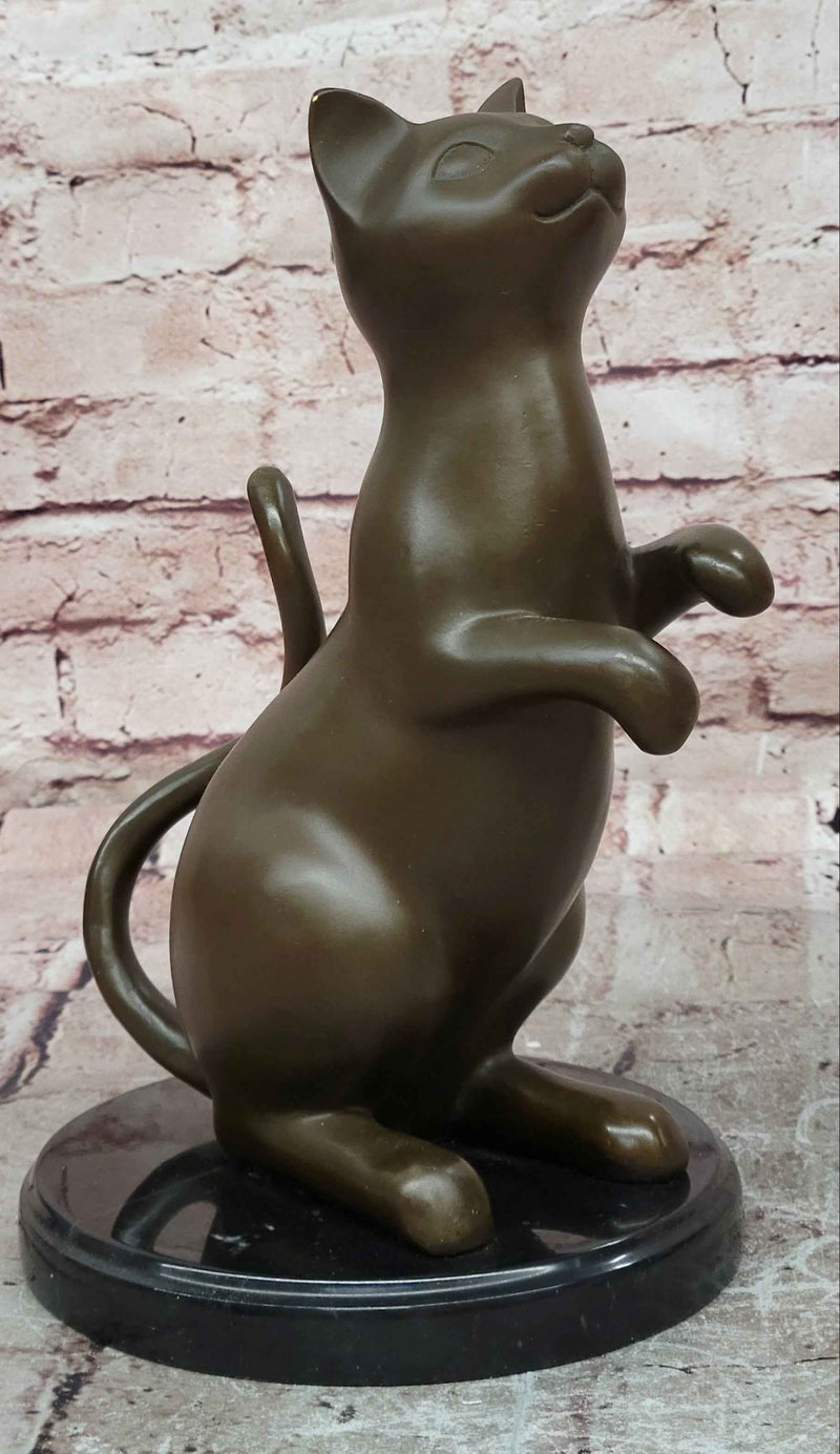 Modern Stylized Bronze Cat Sculpture Sitting Upright on Polished Marble Base