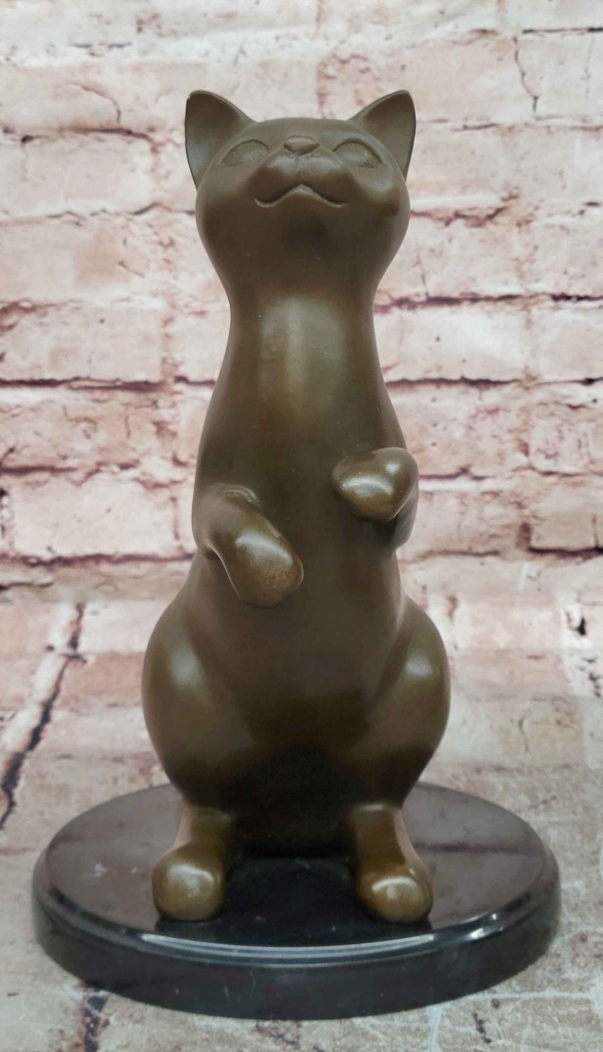 Modern Stylized Bronze Cat Sculpture Sitting Upright on Polished Marble Base