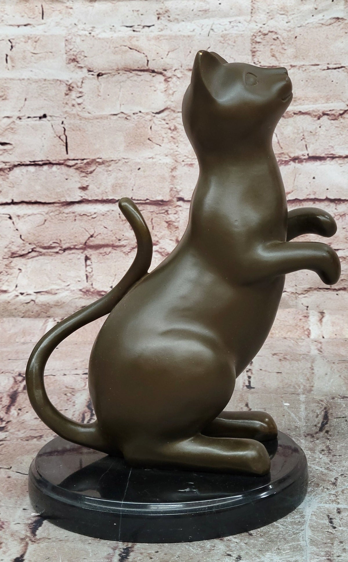 Modern Stylized Bronze Cat Sculpture Sitting Upright on Polished Marble Base