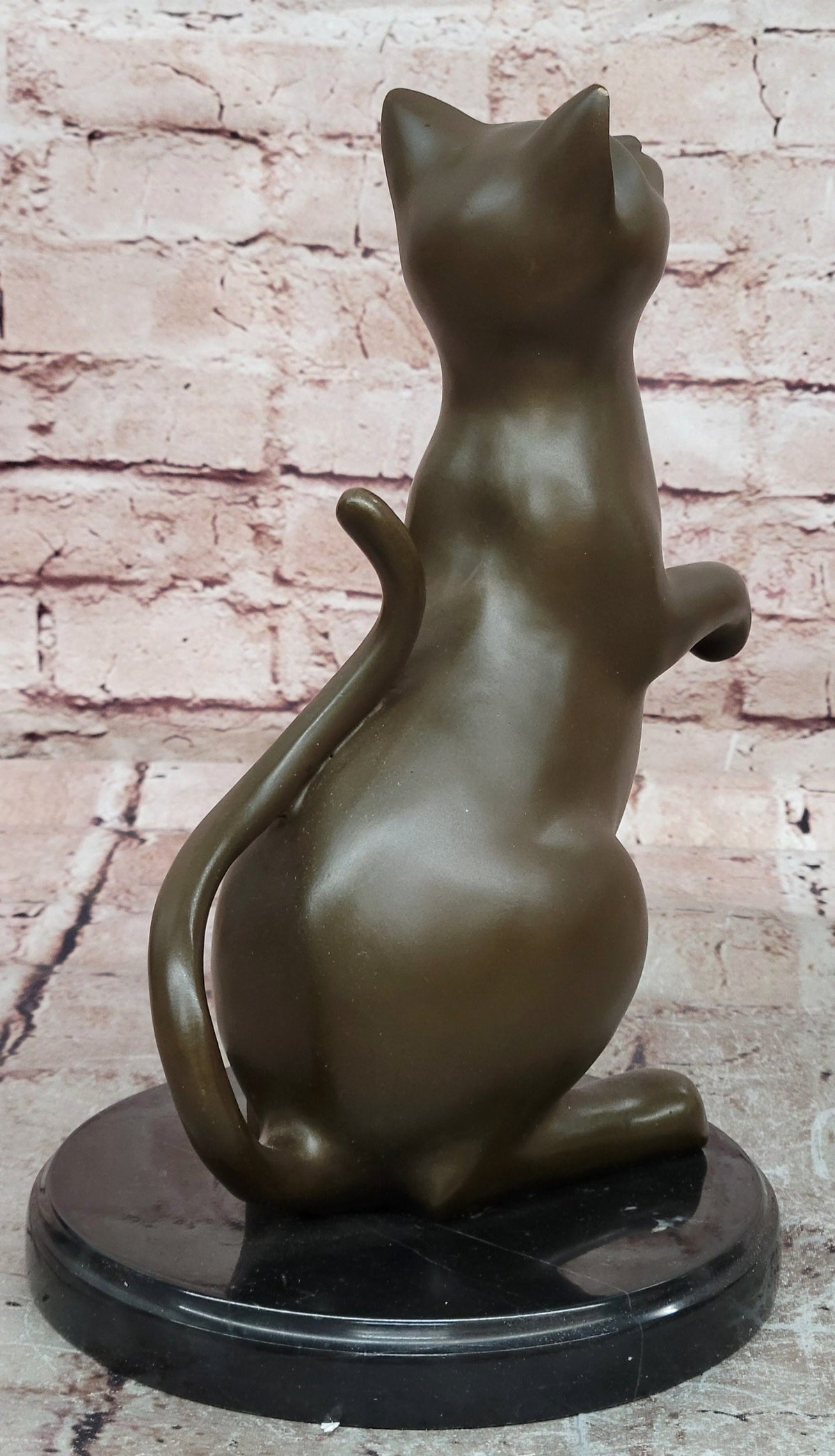 Modern Stylized Bronze Cat Sculpture Sitting Upright on Polished Marble Base