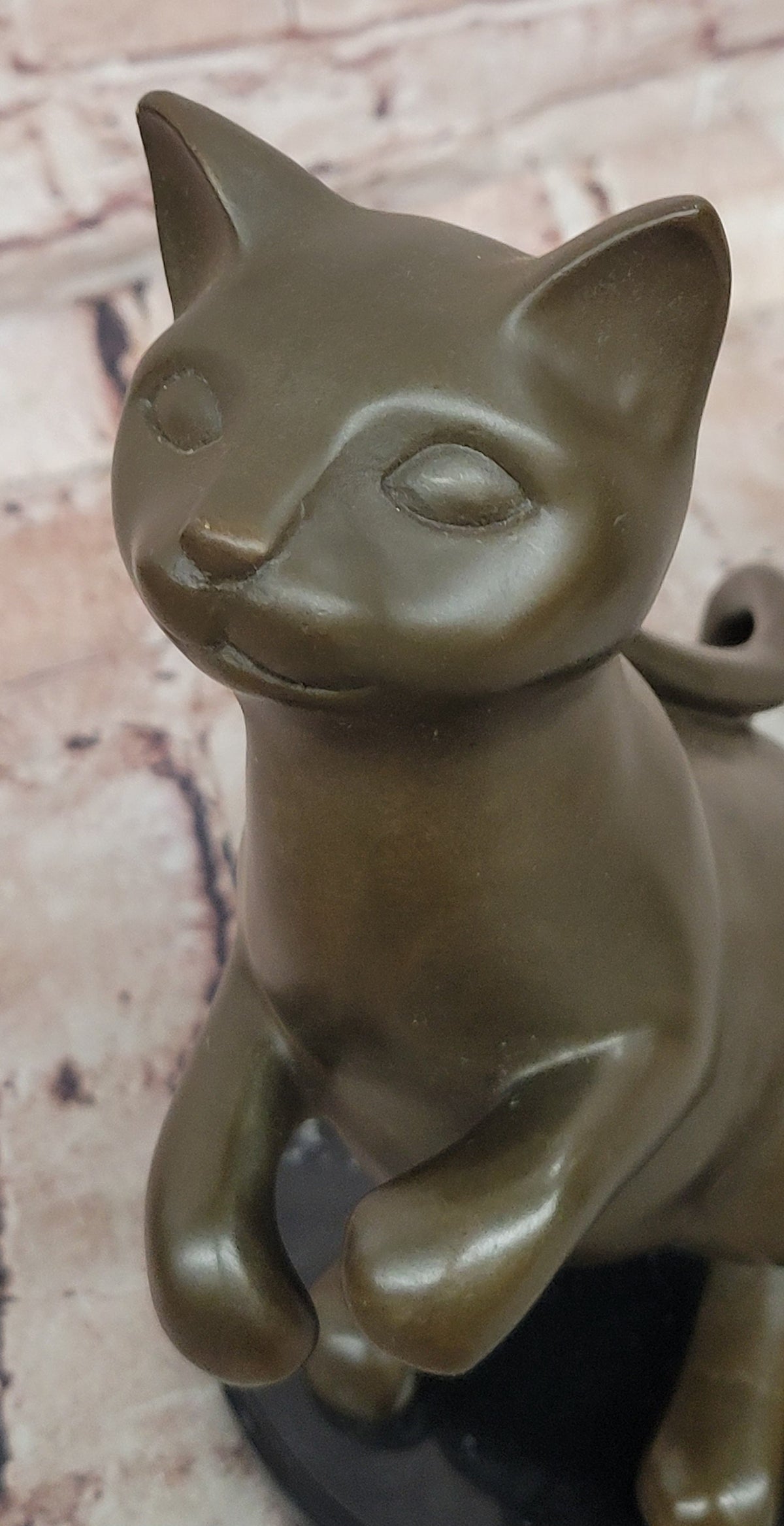 Modern Stylized Bronze Cat Sculpture Sitting Upright on Polished Marble Base
