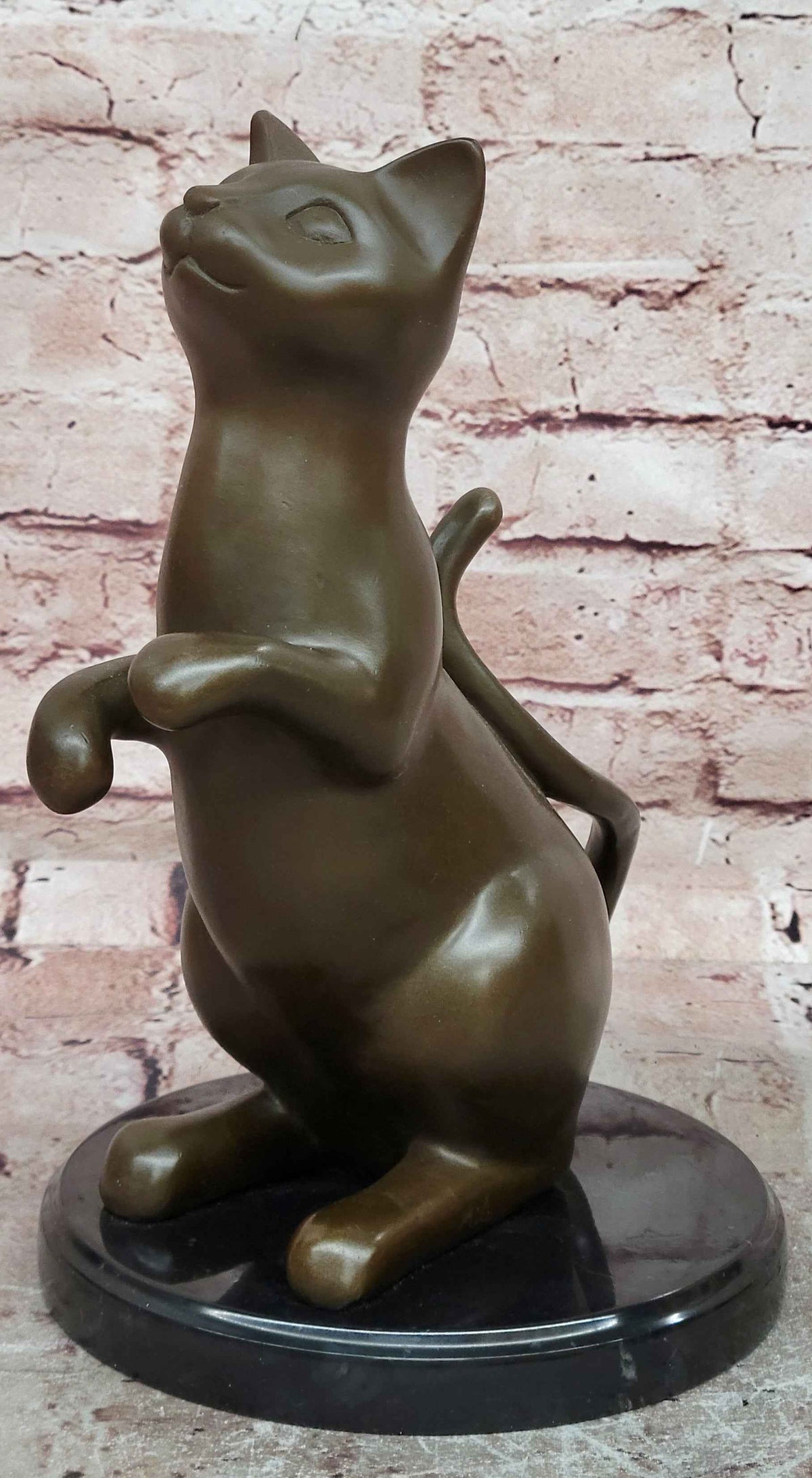 Modern Stylized Bronze Cat Sculpture Sitting Upright on Polished Marble Base