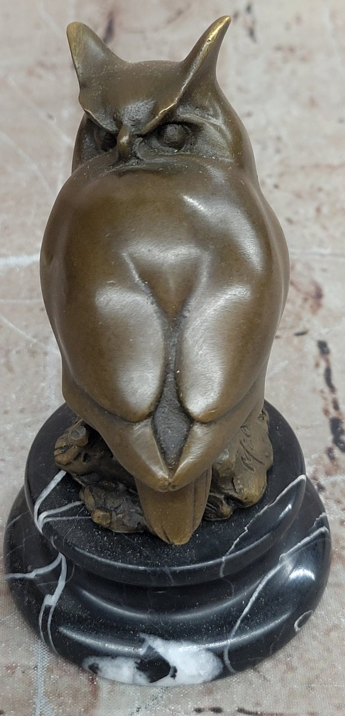 Art Deco Bronze Owl Sculpture – Stylized Bird Statue on Marble Base