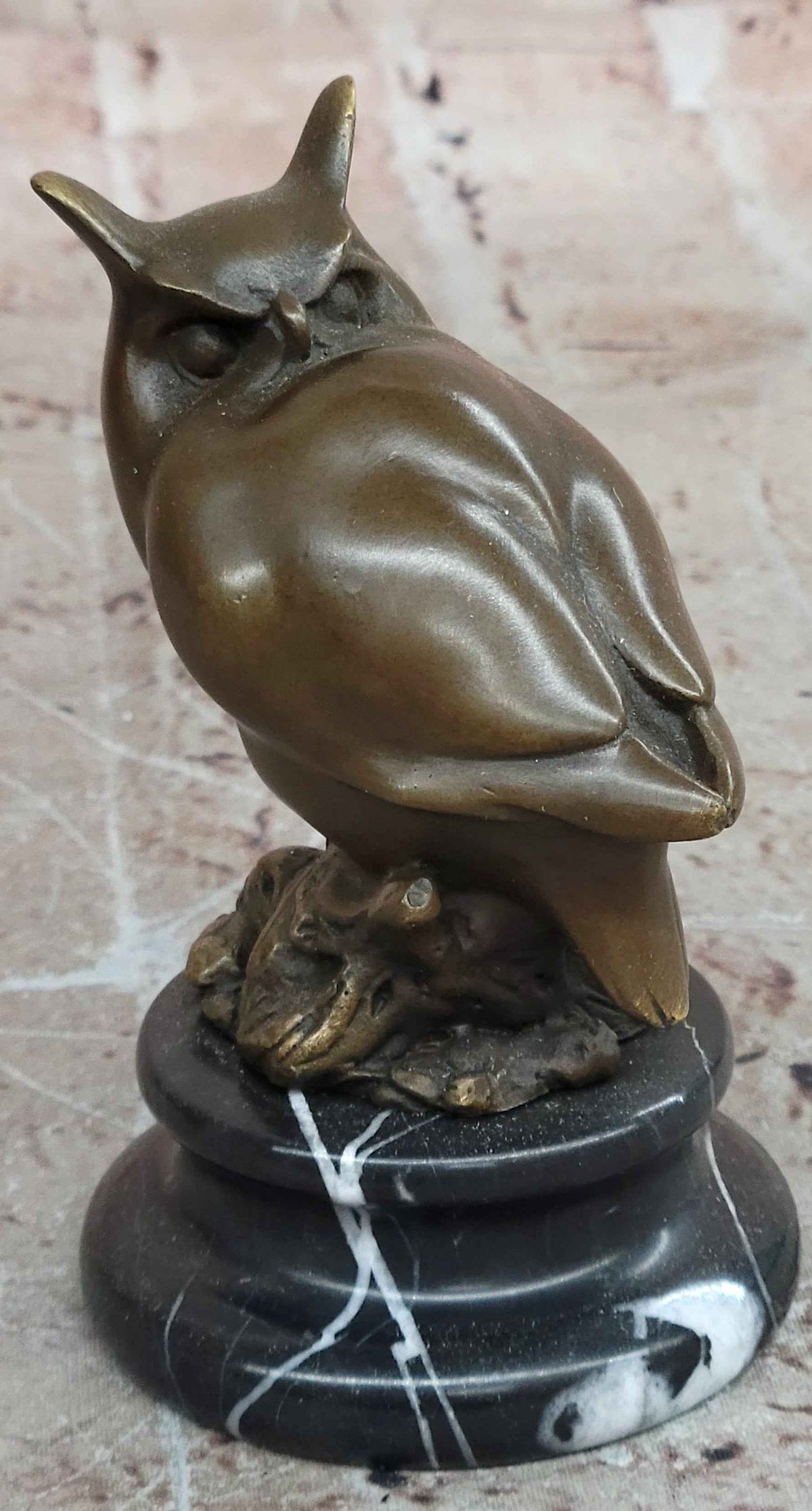 Art Deco Bronze Owl Sculpture – Stylized Bird Statue on Marble Base