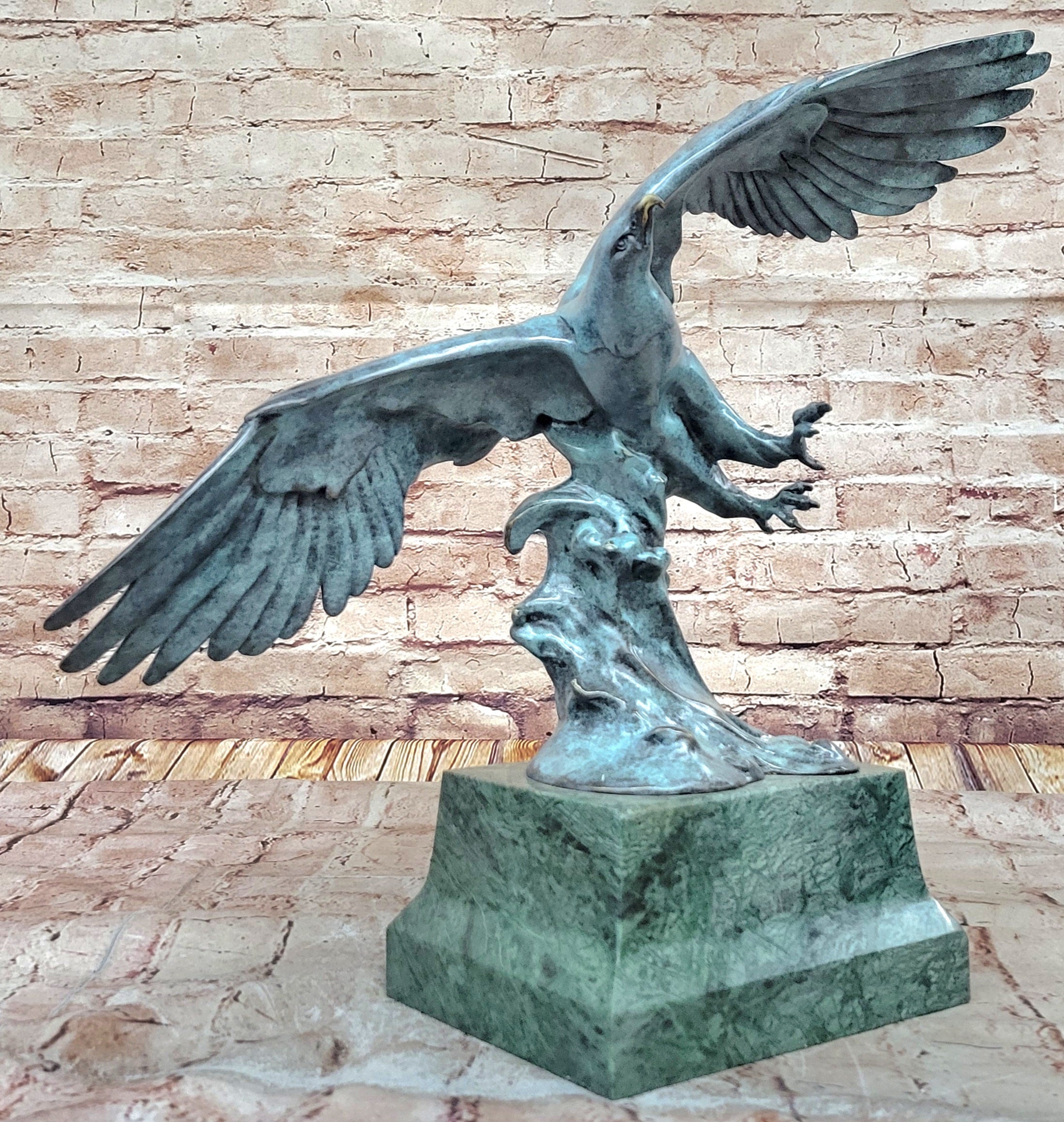 American Bald Eagle Wings Spread Green Bronze Sculpture Statue on Marble Base