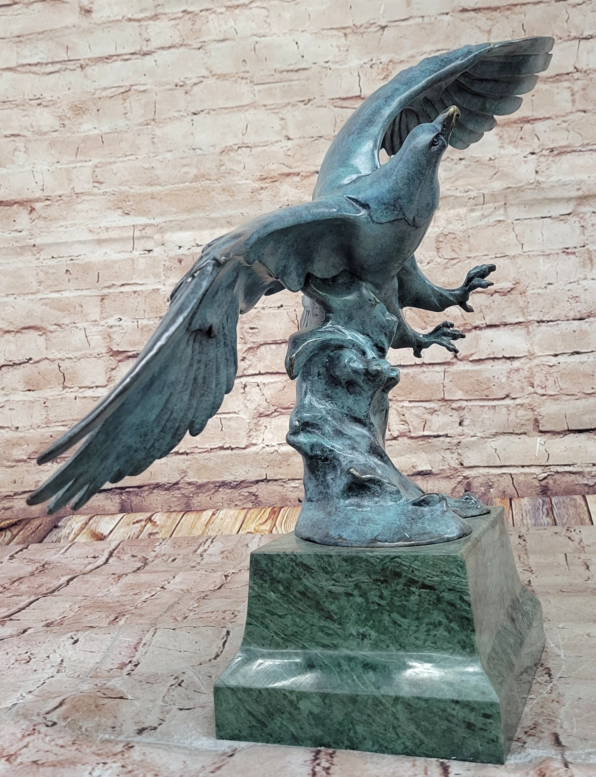 American Bald Eagle Wings Spread Green Bronze Sculpture Statue on Marble Base