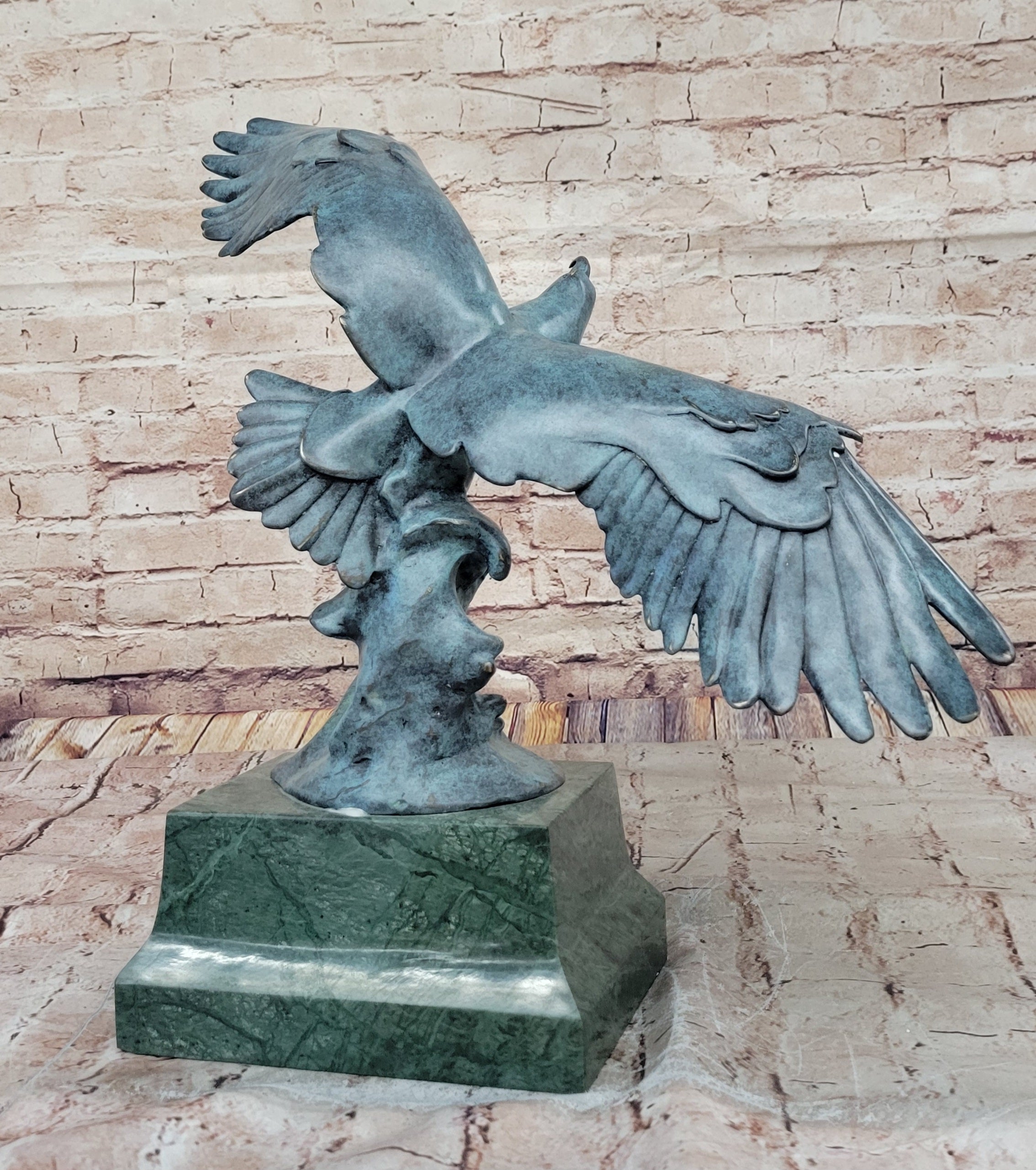 American Bald Eagle Wings Spread Green Bronze Sculpture Statue on Marble Base